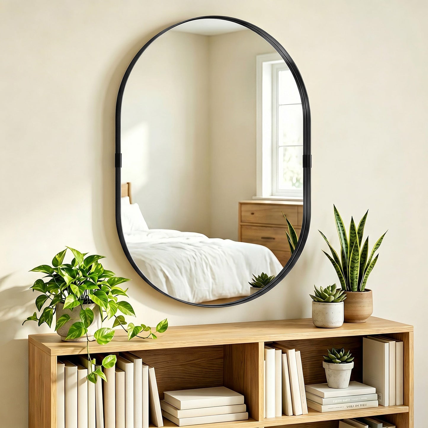 Wall Mirror with Elevated Aluminium Alloy Frame, 60 x 90 cm Bathroom Mirror with Tempered Glass for Living Room, Bedroom, Hallway, Black