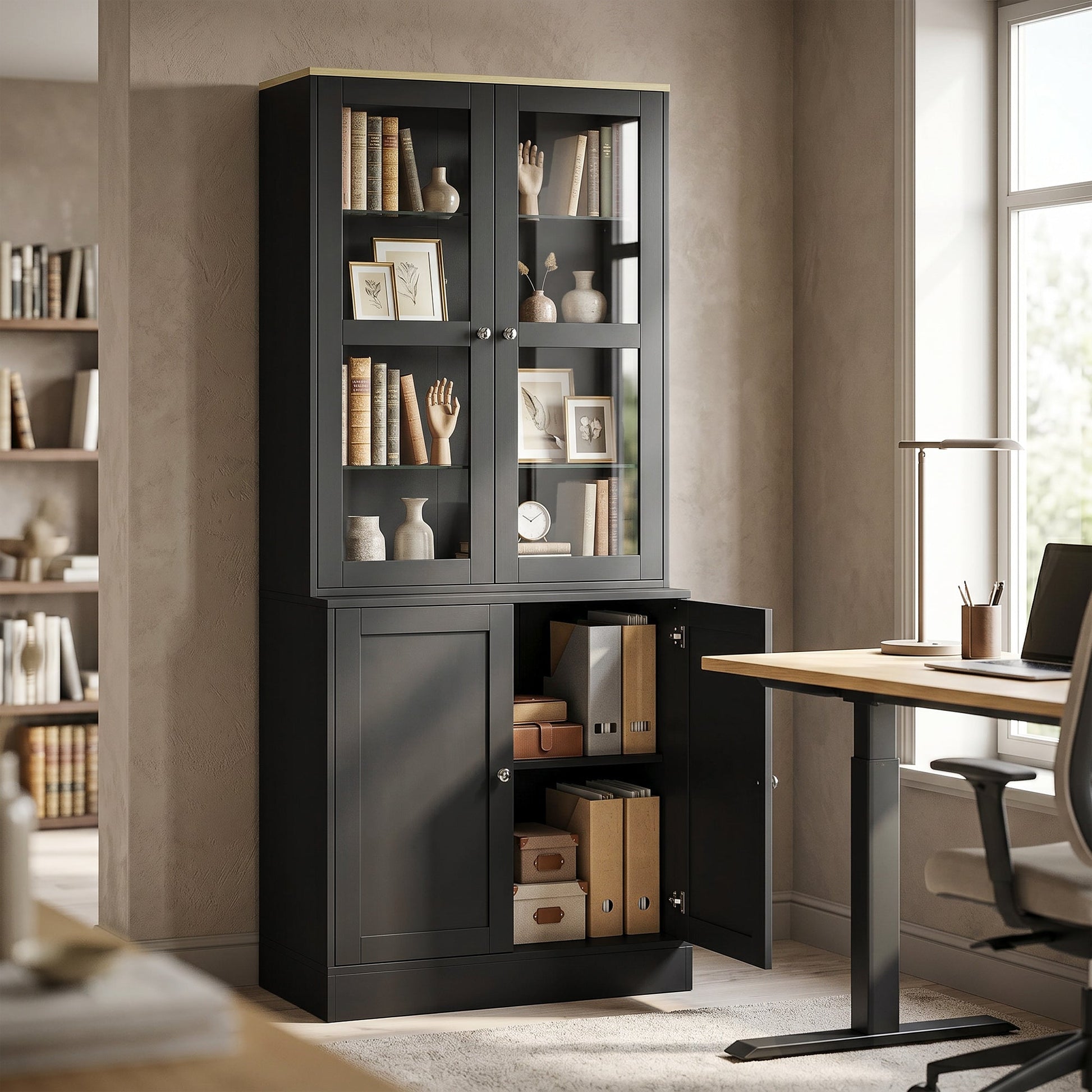 Modern Bookcase with Glass Doors, Display Storage Cabinet with Adjustable Shelves for Living Room, Study, Home Office, Kitchen Cupboard with Small Open Counter, Black