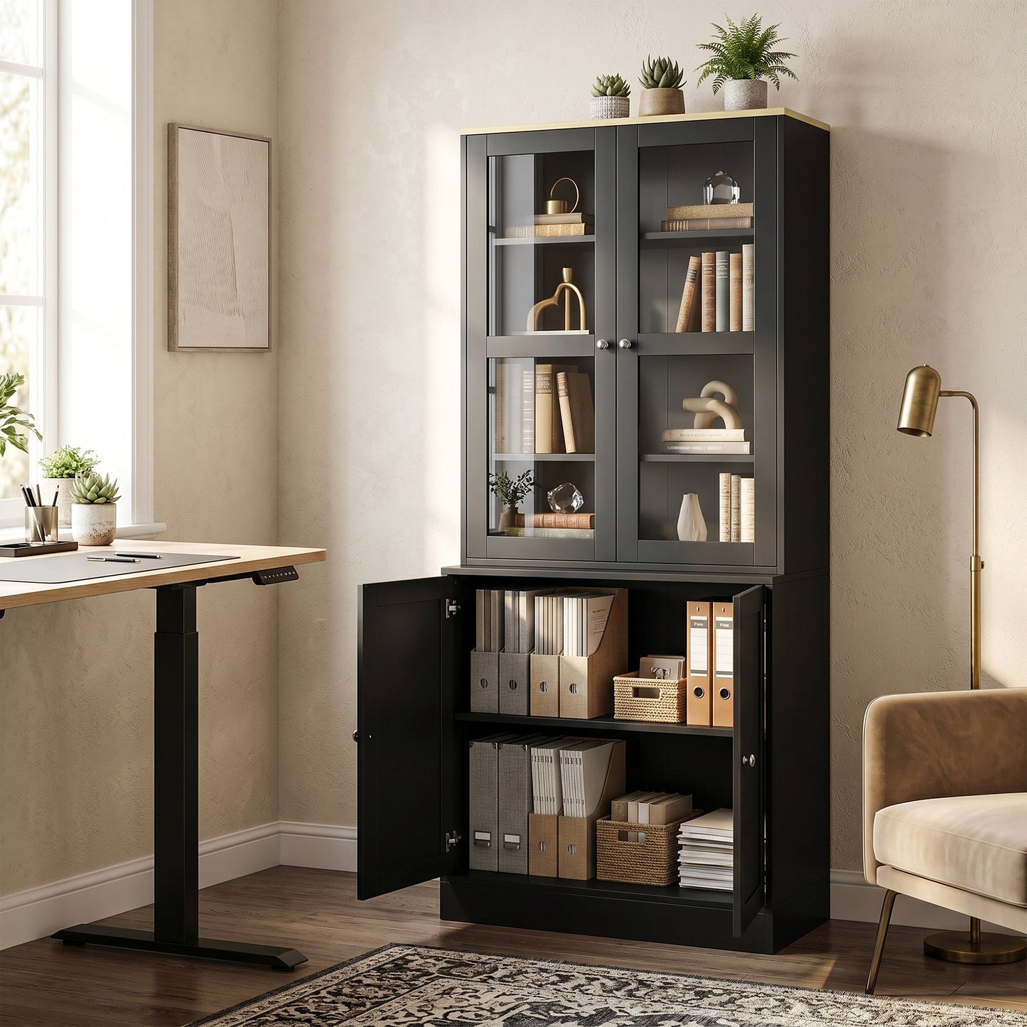 Modern Bookcase with Glass Doors, Display Storage Cabinet with Adjustable Shelves for Living Room, Study, Home Office, Kitchen Cupboard with Small Open Counter, Black