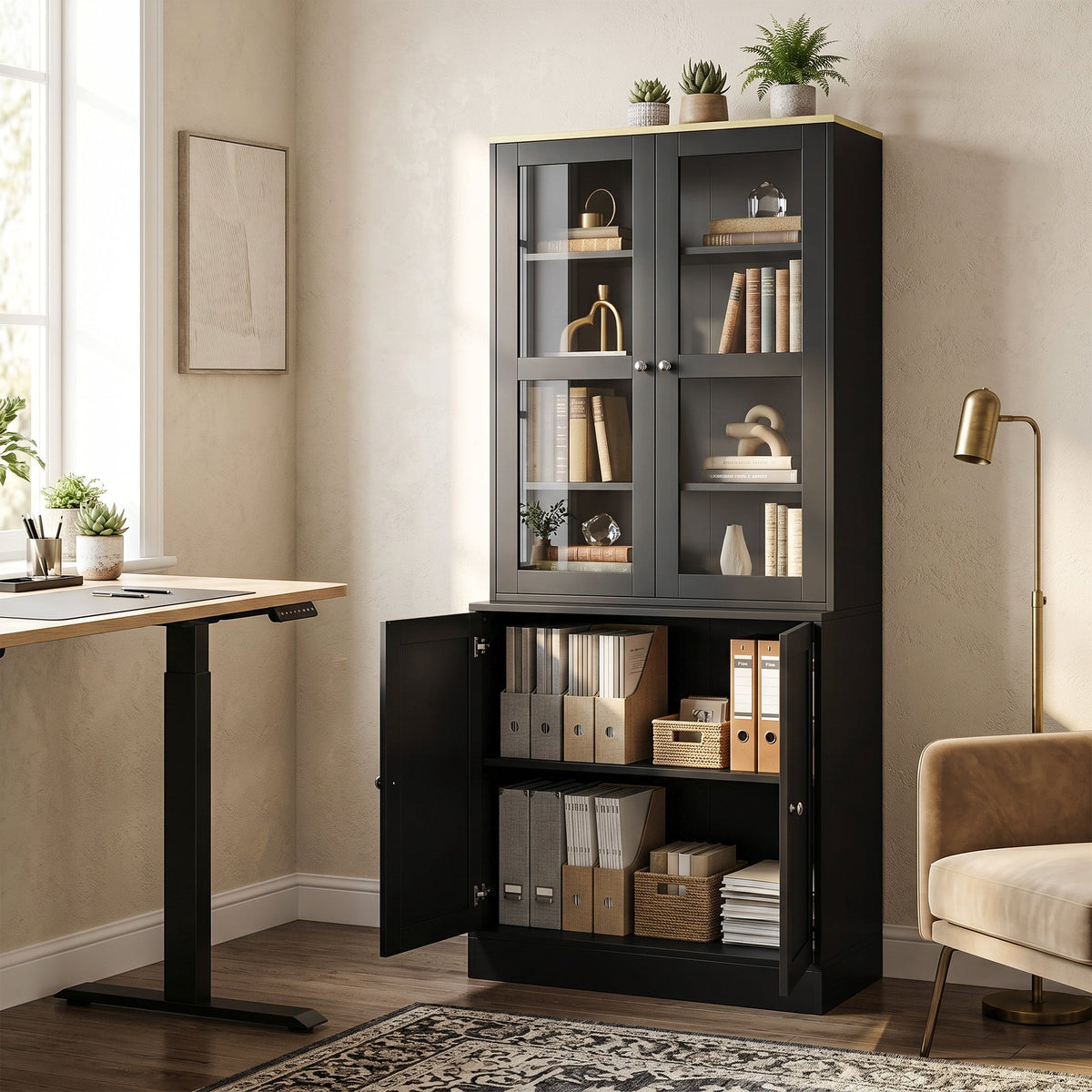Modern Bookcase with Glass Doors, Display Storage Cabinet with Adjustable Shelves for Living Room, Study, Home Office, Kitchen Cupboard with Small Open Counter, Black