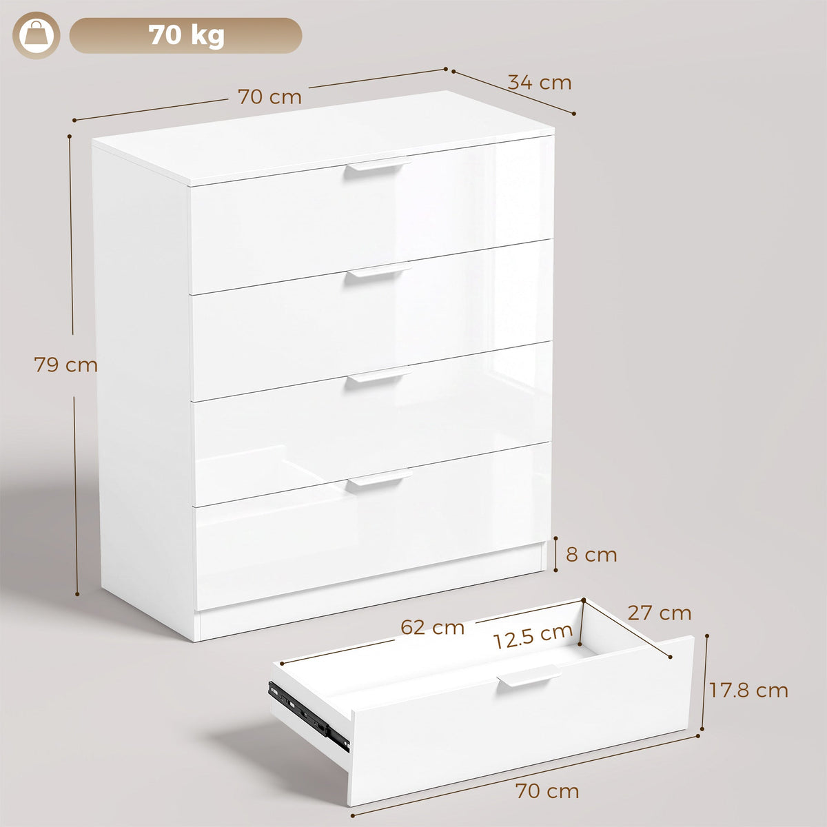 High Gloss Chest of Drawers with 4 Drawers, Modern Space-Saving Bedroom Storage Unit with Smooth Runners, Wooden Cupboard for Living Room, Office, Hallway, 70 x 34 x 79 cm, White