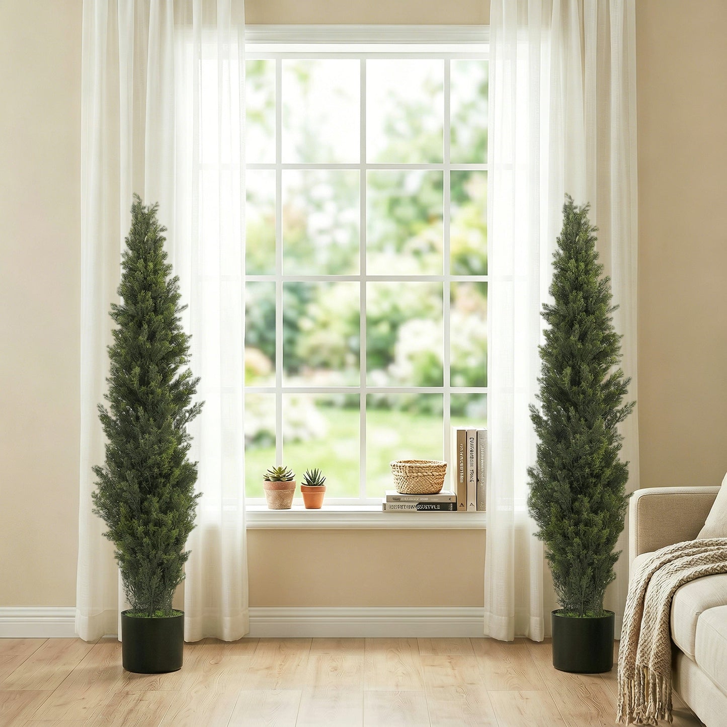 Set of 2 Decorative Artificial Plants Cypress in Weighted Pot, 150 cm Tall Fake Plant with 2035 Leaves for Home Indoor Outdoor Decor