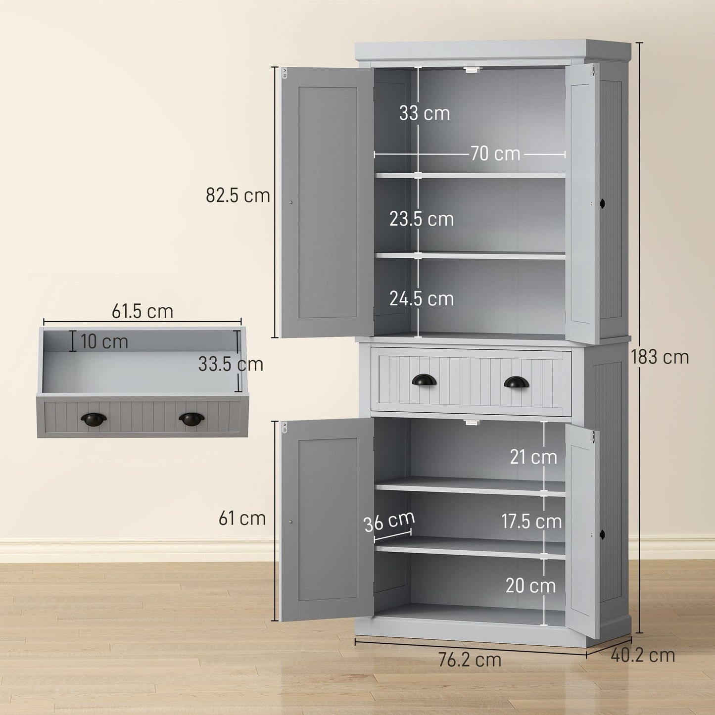 183cm Tall Kitchen Cupboard, Kitchen Pantry Cabinet with Drawer, 3 Adjustable Shelves and 4 Doors, Freestanding Storage Cabinet for Dining Room, Living Room, Grey