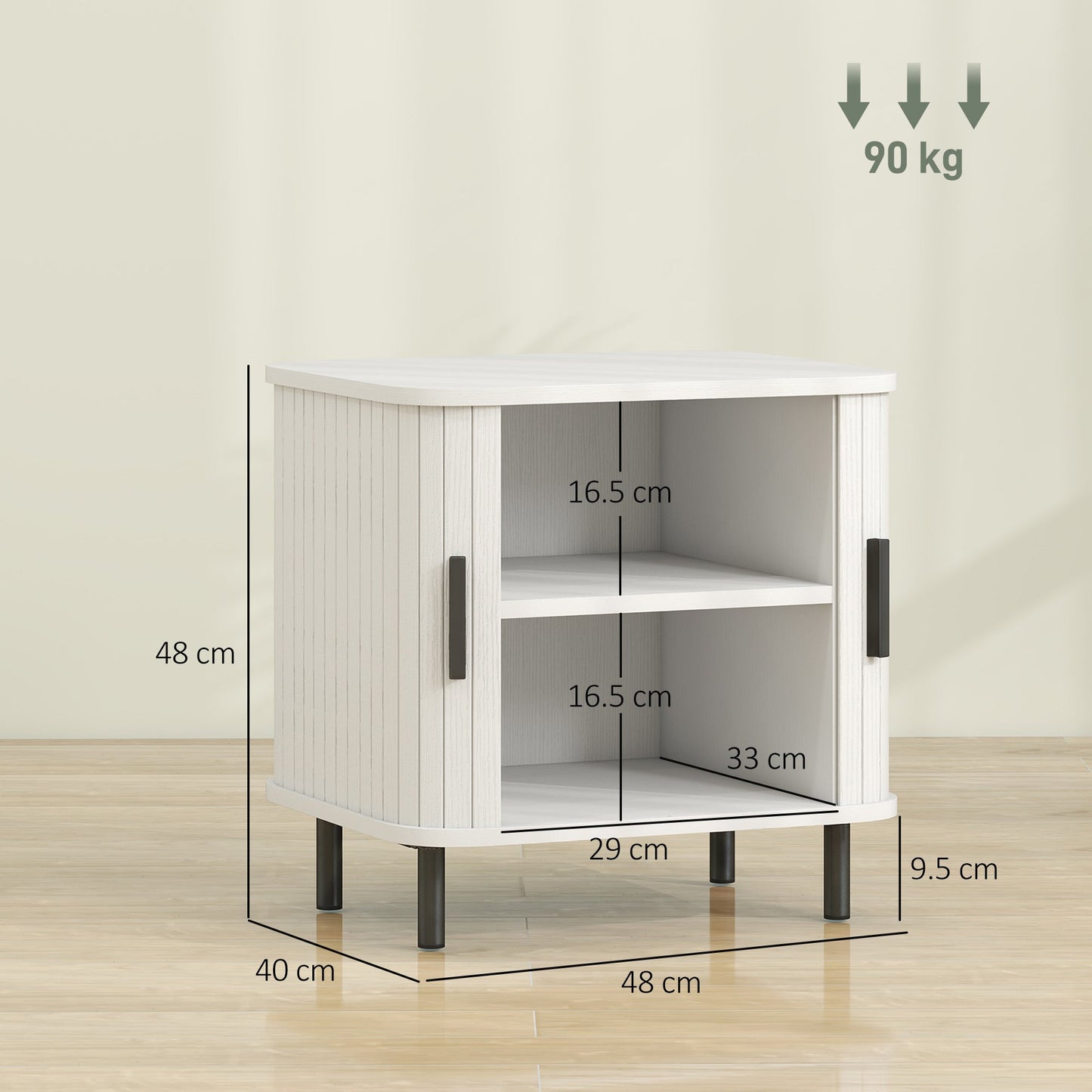 Bedside Table, Nordic Side Table with Roller Shutter Style Sliding Doors and Metal Legs for Bedroom, Living Room, White Wood Effect