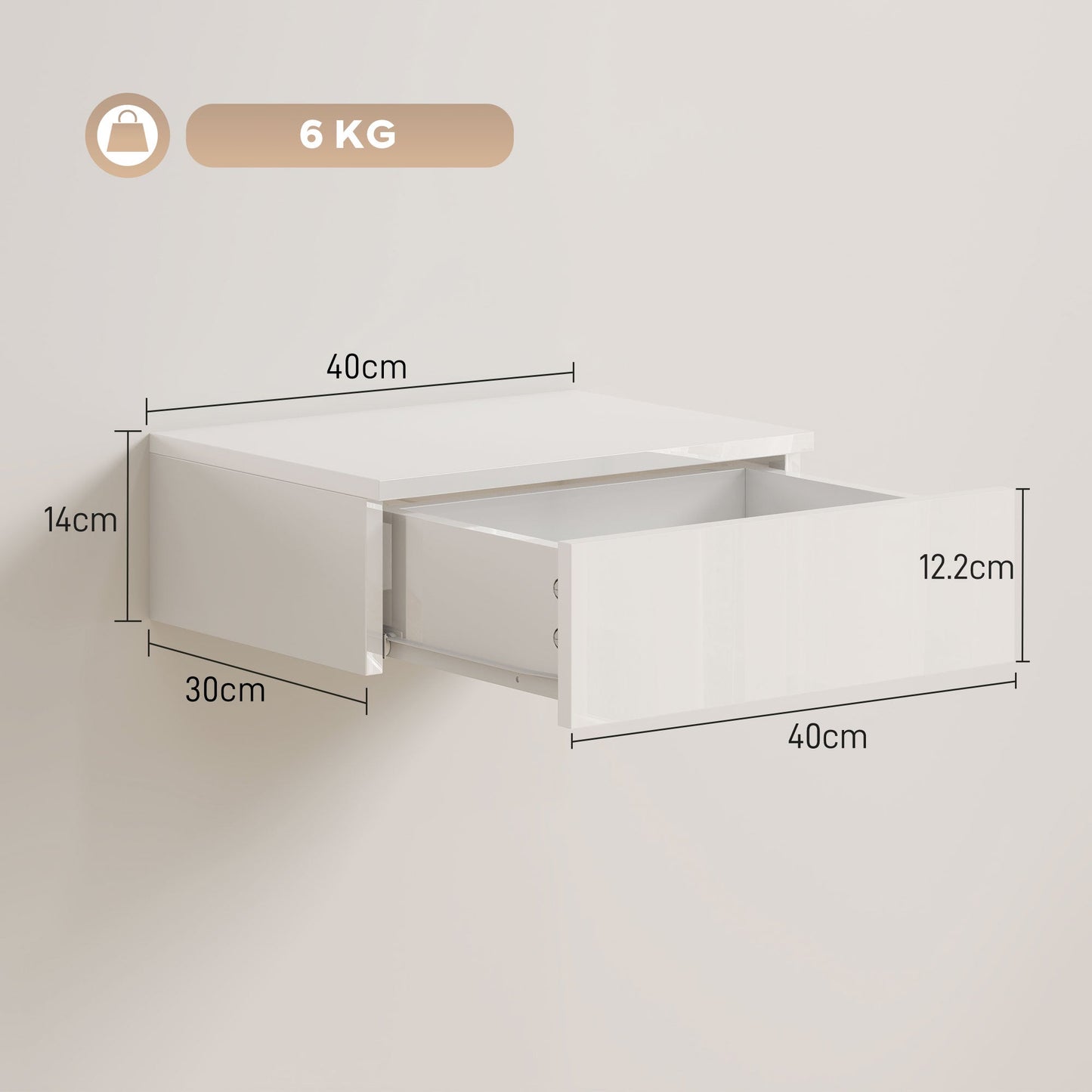 Floating Bedside Table Set of 2, Modern Wall-Mounted Nightstand with High Gloss Finish and Storage Drawer, Small Side End Table for Bedroom, White