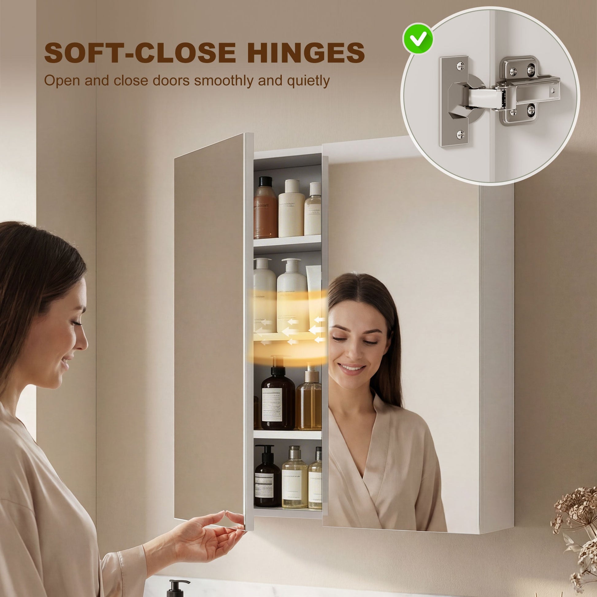 Bathroom Mirror Cabinet, 3-Tier Wall Mount Bathroom Storage Cabinet with Soft-Close Hinges and Adjustable Shelf, Double Door Cupboard, 60W x 15D x 75H cm, White
