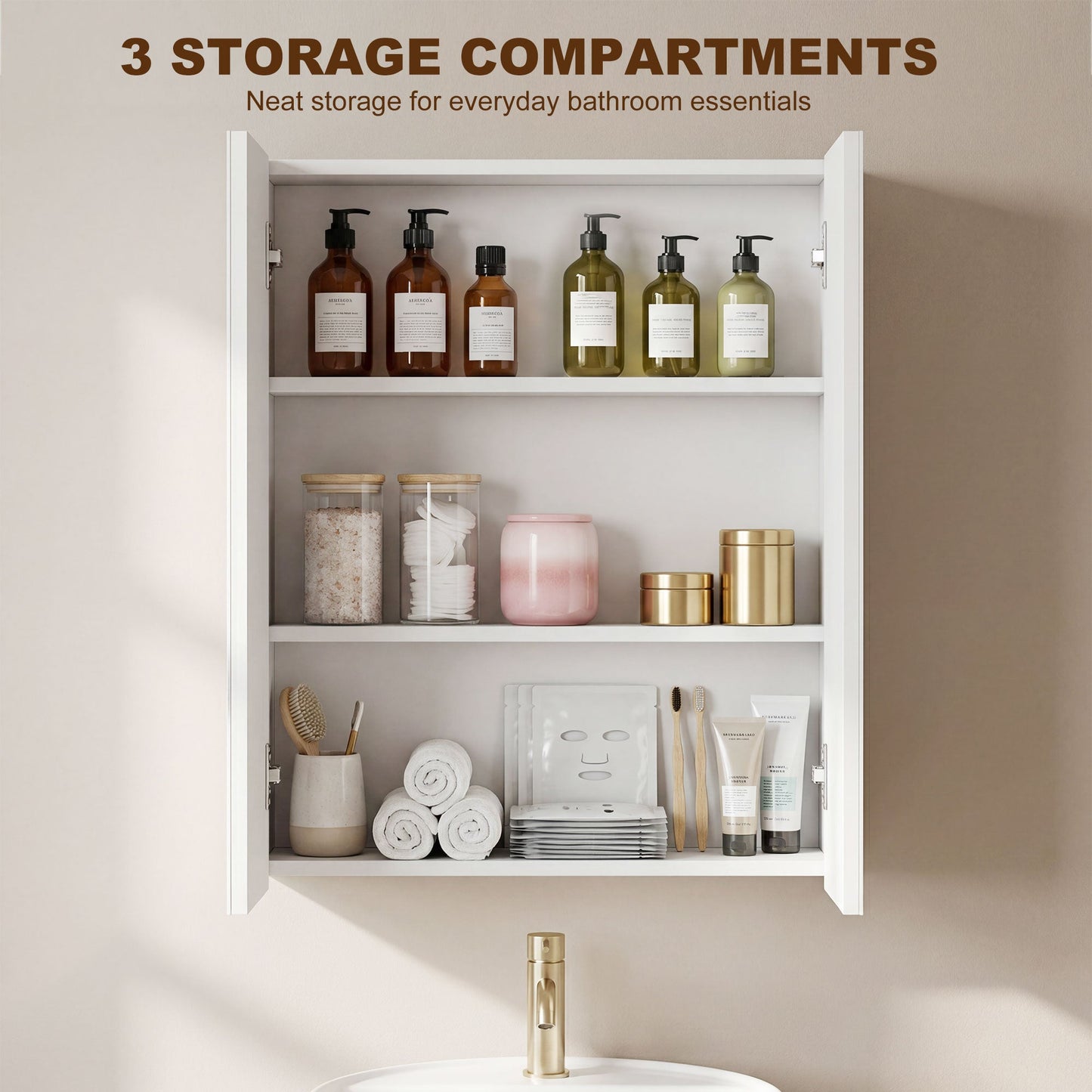 Bathroom Mirror Cabinet, 3-Tier Wall Mount Bathroom Storage Cabinet with Soft-Close Hinges and Adjustable Shelf, Double Door Cupboard, 60W x 15D x 75H cm, White