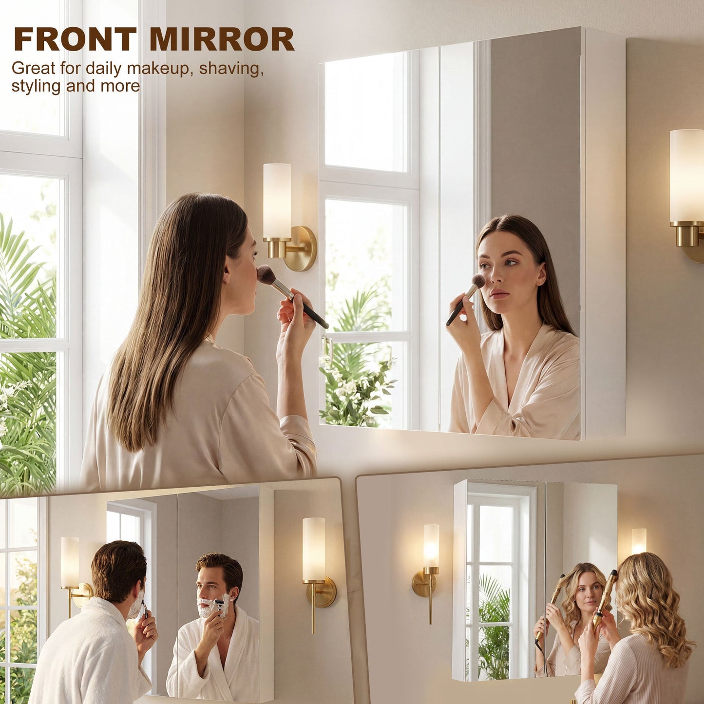 Bathroom Mirror Cabinet, 3-Tier Wall Mount Bathroom Storage Cabinet with Soft-Close Hinges and Adjustable Shelf, Double Door Cupboard, 60W x 15D x 75H cm, White