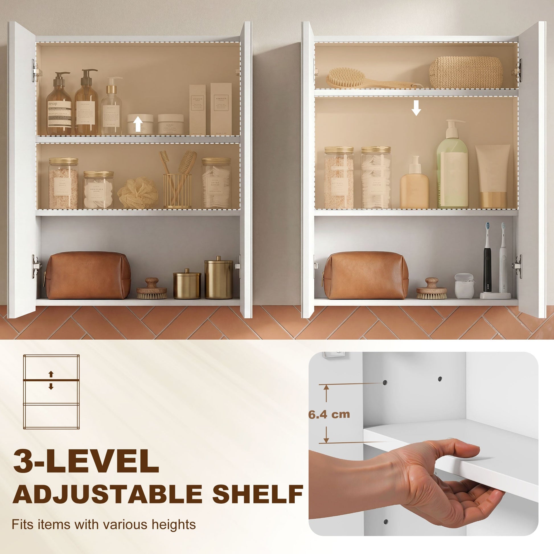 Bathroom Mirror Cabinet, 3-Tier Wall Mount Bathroom Storage Cabinet with Soft-Close Hinges and Adjustable Shelf, Double Door Cupboard, 60W x 15D x 75H cm, White