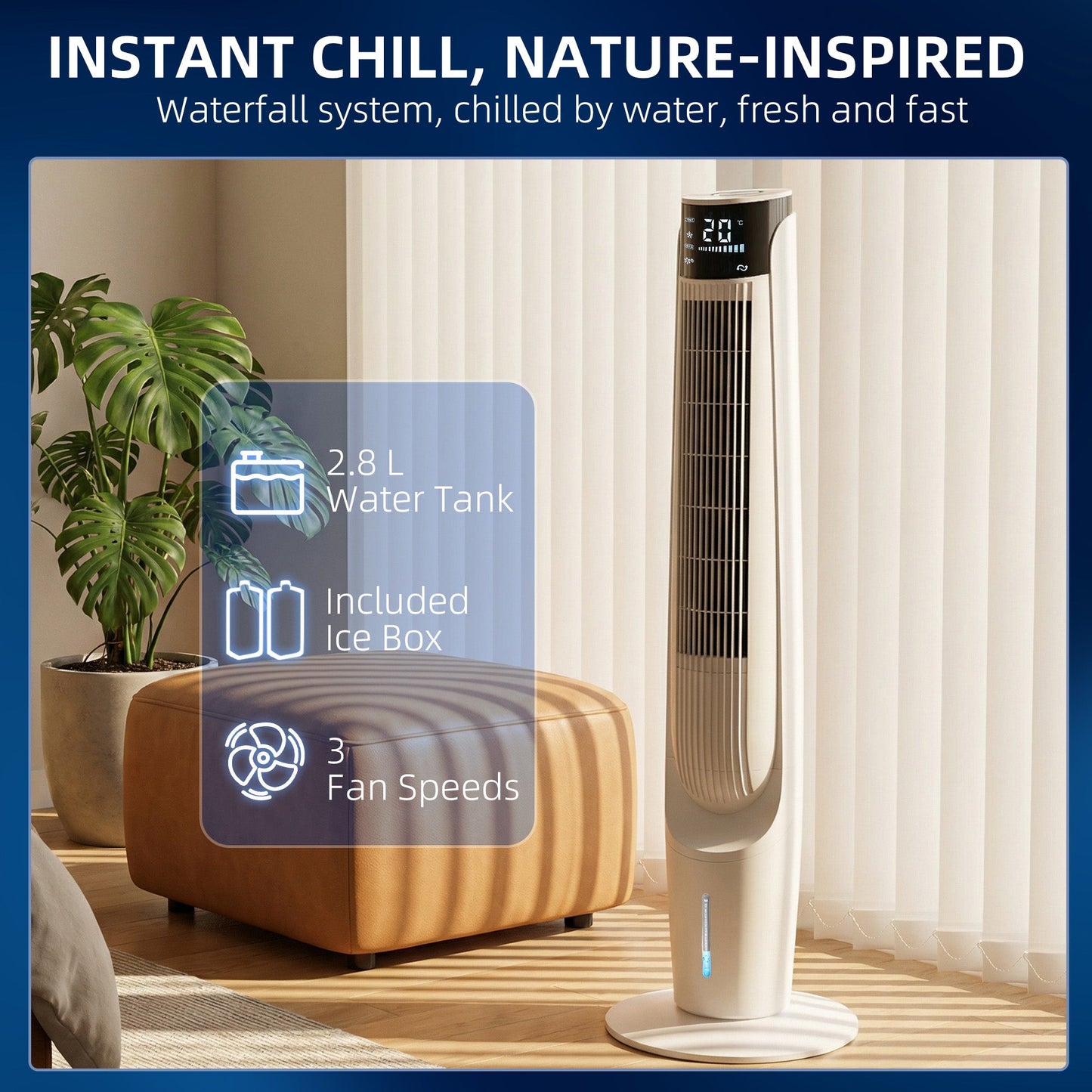 Air Cooler, Oscillating Ice Cooling Fan with 3 Speeds, 4 Modes, 12 Hour Timer, LED Display and Remote Control for Bedroom, Office, Living Room, White
