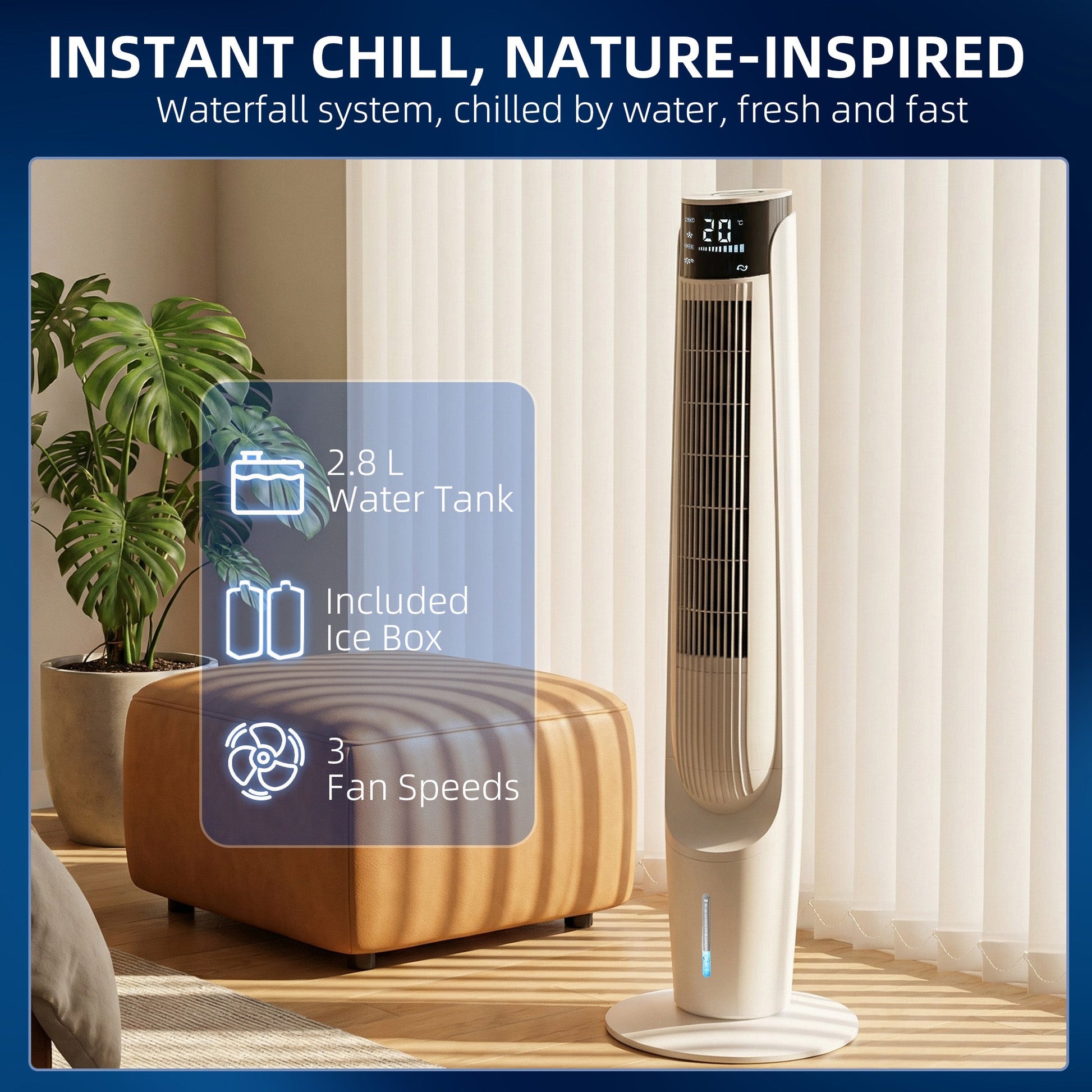 Air Cooler, Oscillating Ice Cooling Fan with 3 Speeds, 4 Modes, 12 Hour Timer, LED Display and Remote Control for Bedroom, Office, Living Room, White