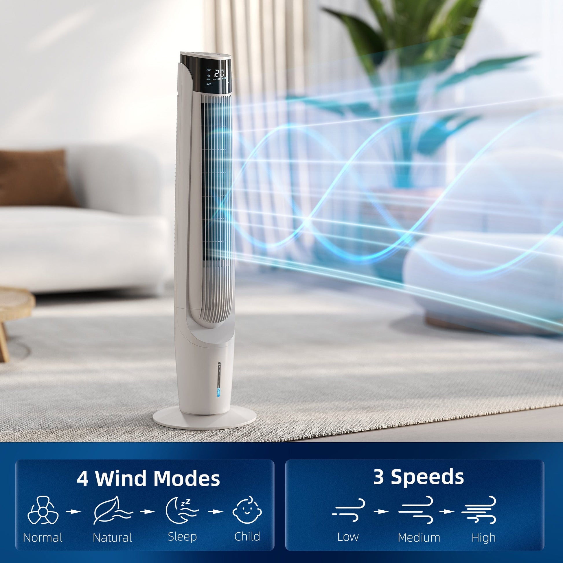 Air Cooler, Oscillating Ice Cooling Fan with 3 Speeds, 4 Modes, 12 Hour Timer, LED Display and Remote Control for Bedroom, Office, Living Room, White