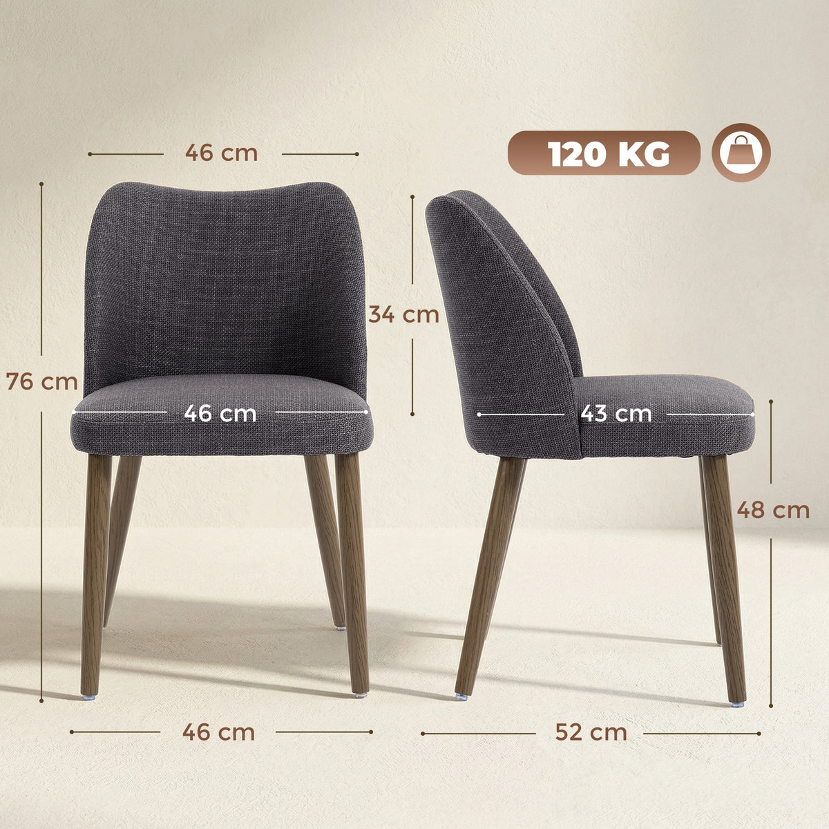 Dining Chairs Set of 2, Modern Linen Upholstered Kitchen Chairs with Padded Seat, Curved Backrest, Rubberwood Legs for Dining Room, Bedroom, Living Room, Easy Assembly, Dark Grey