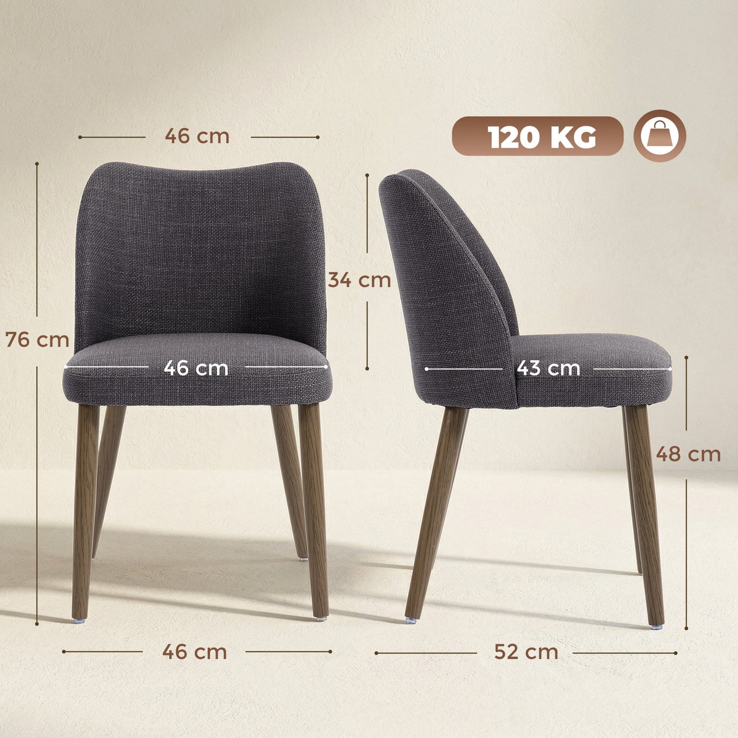Dining Chairs Set of 2, Modern Linen Upholstered Kitchen Chairs with Padded Seat, Curved Backrest, Rubberwood Legs for Dining Room, Bedroom, Living Room, Easy Assembly, Dark Grey