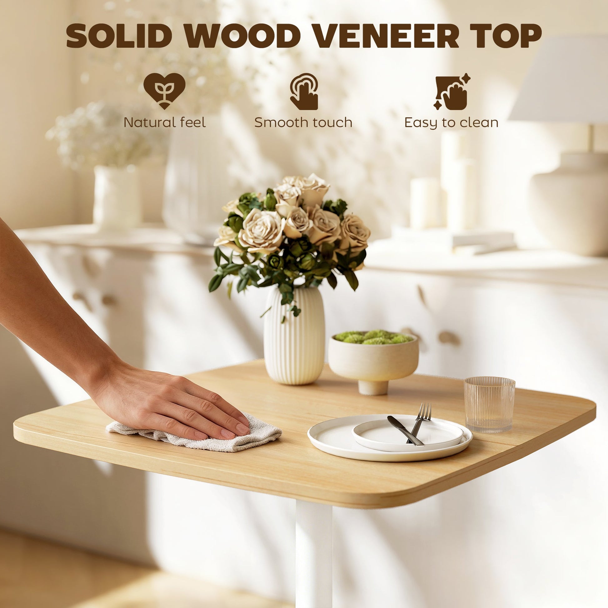 Small Dining Table, 60 cm Square Kitchen Table with Wood Veneer Top, Square Steel Pedestal Base and Anti-slip Foot Pads for Living Room, Dining Room, Natural Wood Finish