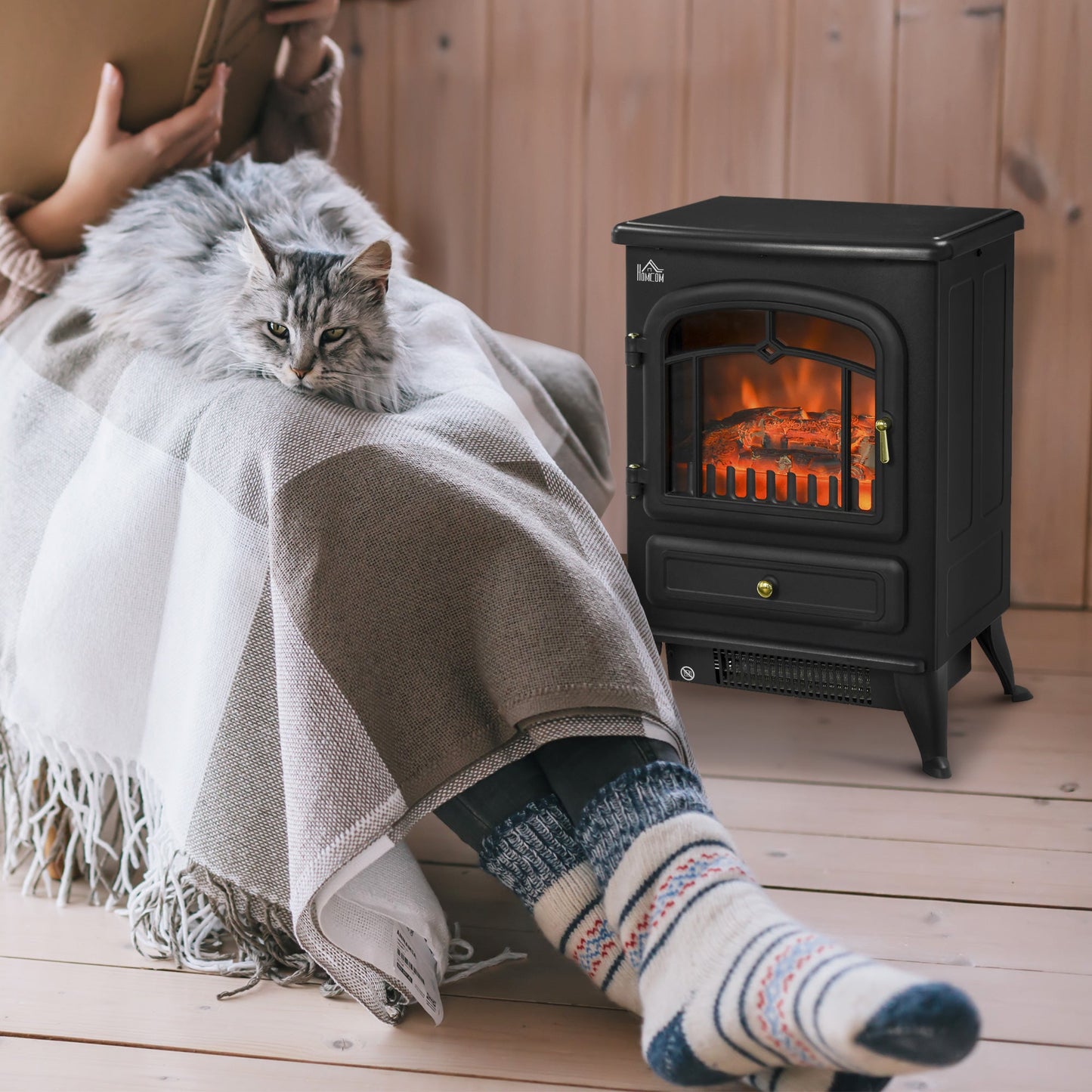 Freestanding Electric Fireplace Indoor Heater Glass View Log Wood Burning Effect Flame Portable Fireplace Stove 950/1850W Black