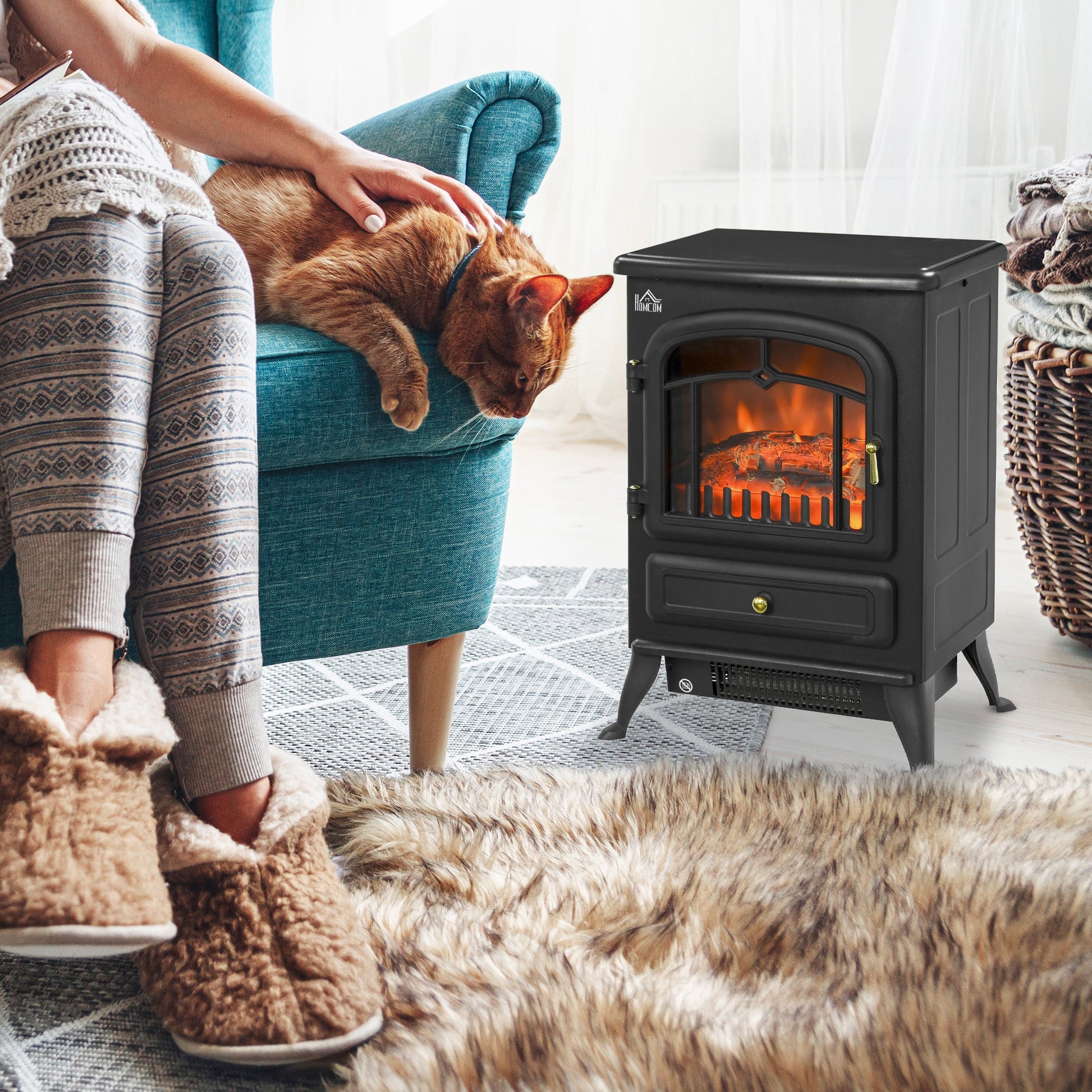 Freestanding Electric Fireplace Indoor Heater Glass View Log Wood Burning Effect Flame Portable Fireplace Stove 950/1850W Black