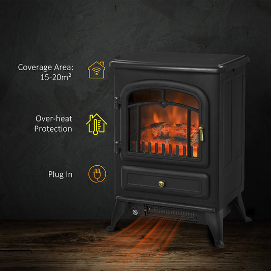 Freestanding Electric Fireplace Indoor Heater Glass View Log Wood Burning Effect Flame Portable Fireplace Stove 950/1850W Black
