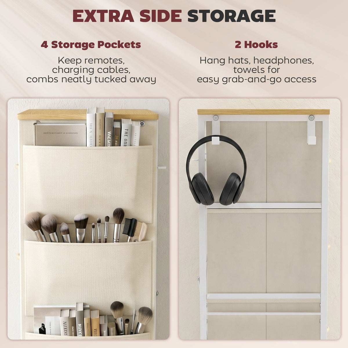 Chest of Drawers, Dresser for Bedroom with 4 Fabric Drawers, Tall Storage Unit with 4 Pockets, 2 Hooks and Steel Frame for Living Room, Hallway, Beige