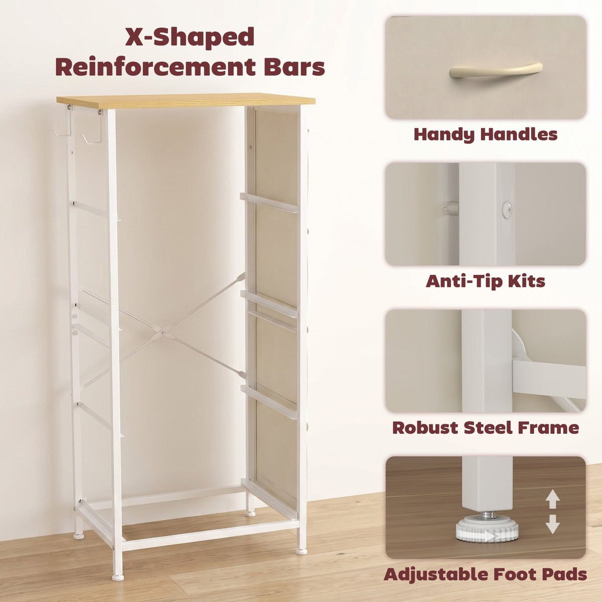 Chest of Drawers, Dresser for Bedroom with 4 Fabric Drawers, Tall Storage Unit with 4 Pockets, 2 Hooks and Steel Frame for Living Room, Hallway, Beige