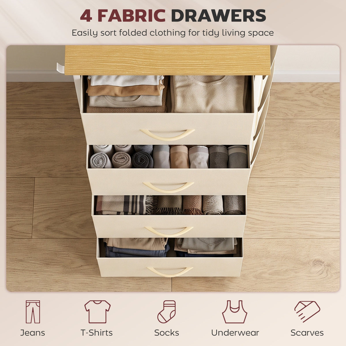Chest of Drawers, Dresser for Bedroom with 4 Fabric Drawers, Tall Storage Unit with 4 Pockets, 2 Hooks and Steel Frame for Living Room, Hallway, Beige