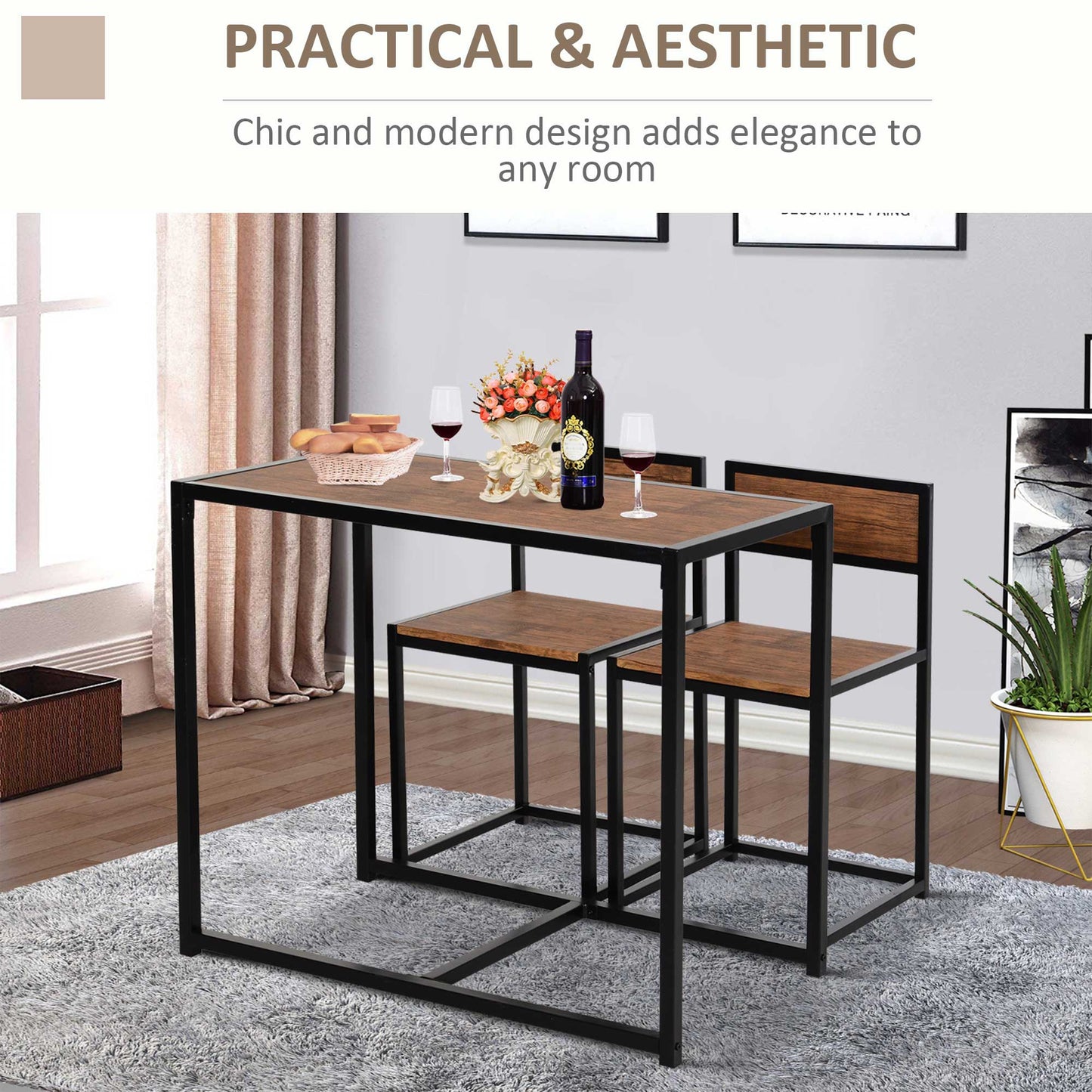 HOMCOM Dining Table and Chairs Set 2, Dining Room Sets, Rectangular Space Saving Table and 2 Chairs for Compact Kitchens, Steel Frame, Natural