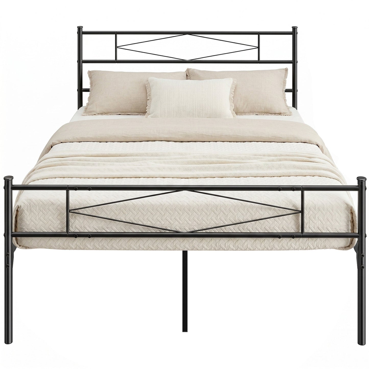 4ft6 Double Bed Frame with Headboard and Footboard, Metal Platform Bed Frame with 32 cm Underbed Storage, Steel Slat Support, Noise-Free, No Box Spring Needed, Easy Assembly, Black