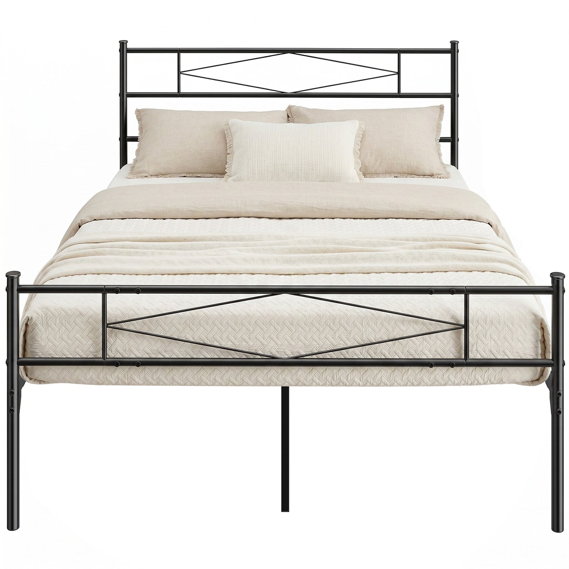 4ft6 Double Bed Frame with Headboard and Footboard, Metal Platform Bed Frame with 32 cm Underbed Storage, Steel Slat Support, Noise-Free, No Box Spring Needed, Easy Assembly, Black