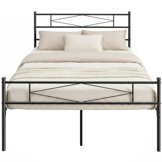 4ft6 Double Bed Frame with Headboard and Footboard, Metal Platform Bed Frame with 32 cm Underbed Storage, Steel Slat Support, Noise-Free, No Box Spring Needed, Easy Assembly, Black