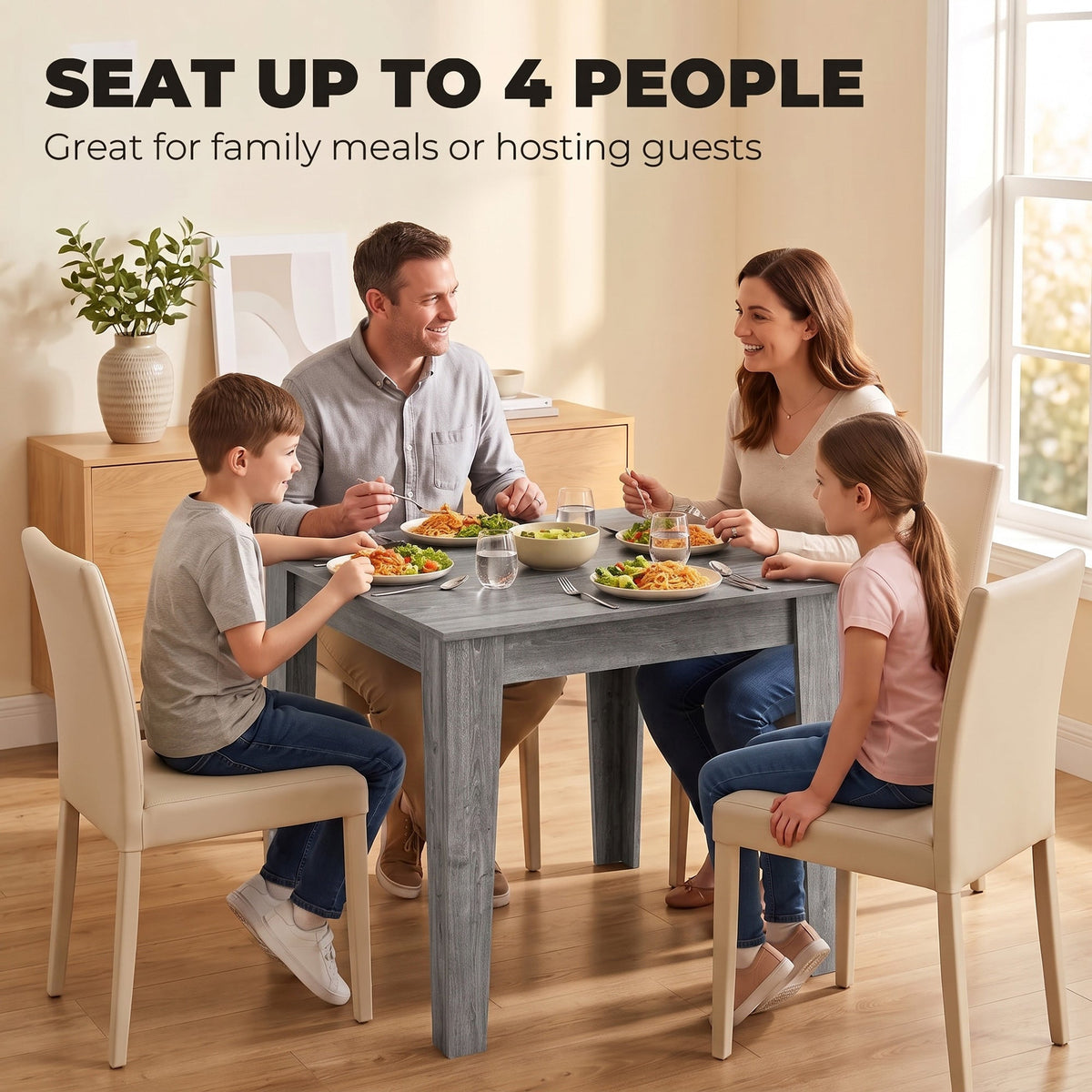 Dining Table for 4, 80L x 80W x 75Hcm, Modern Square Kitchen Table with Wood Effect Tabletop, for Dining Room, Kitchen, Living Room, Grey Wood Effect