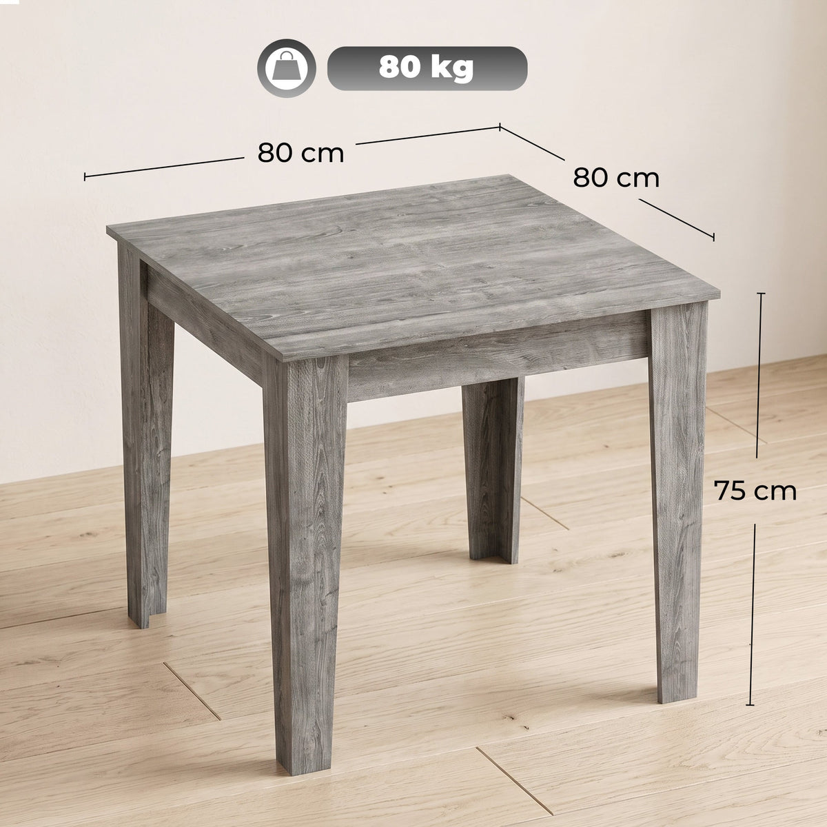 Dining Table for 4, 80L x 80W x 75Hcm, Modern Square Kitchen Table with Wood Effect Tabletop, for Dining Room, Kitchen, Living Room, Grey Wood Effect