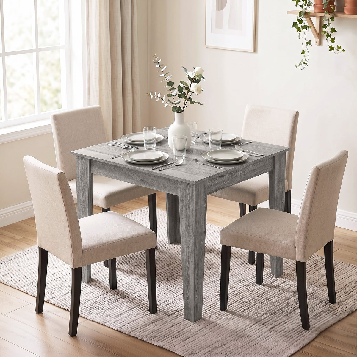Dining Table for 4, 80L x 80W x 75Hcm, Modern Square Kitchen Table with Wood Effect Tabletop, for Dining Room, Kitchen, Living Room, Grey Wood Effect