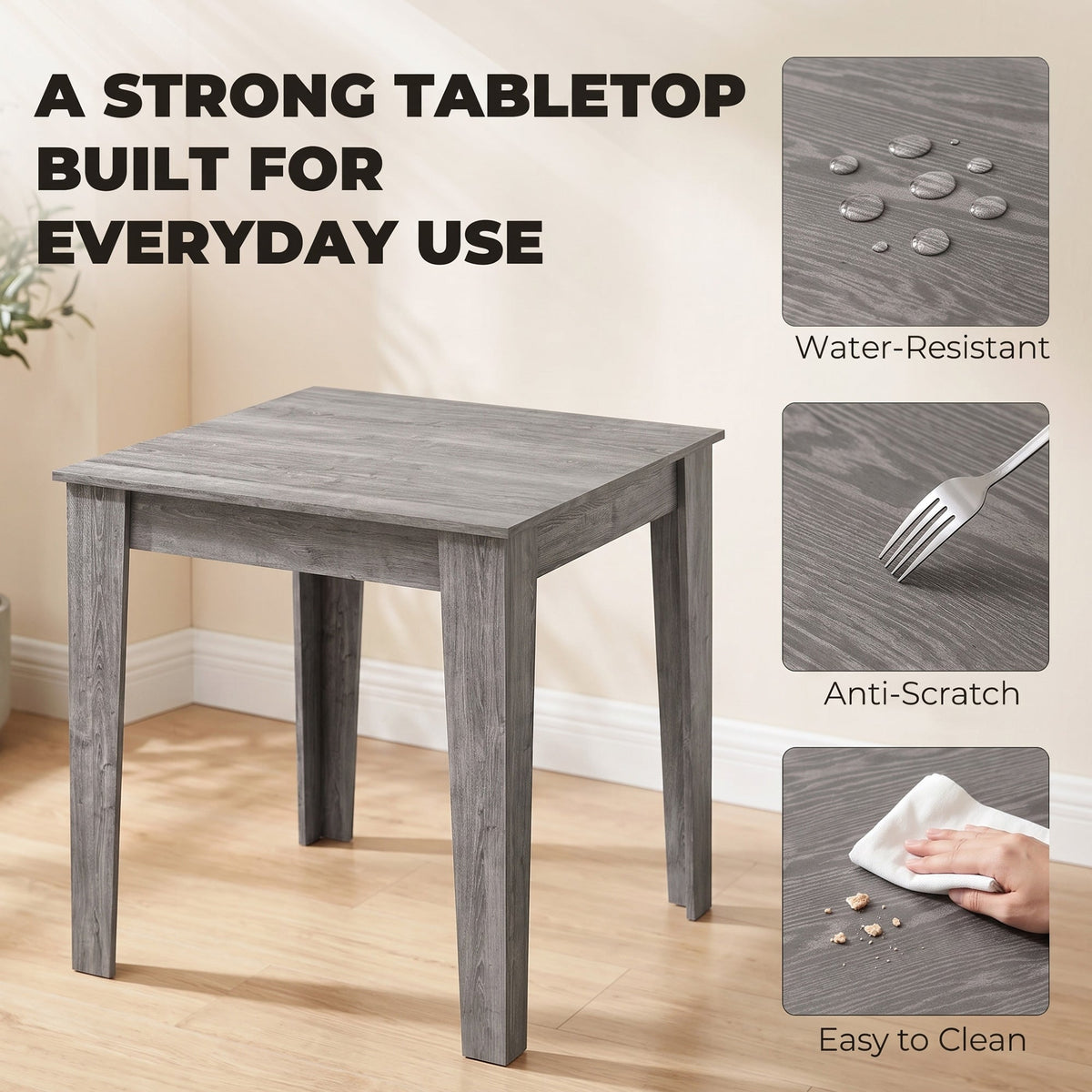 Dining Table for 4, 80L x 80W x 75Hcm, Modern Square Kitchen Table with Wood Effect Tabletop, for Dining Room, Kitchen, Living Room, Grey Wood Effect