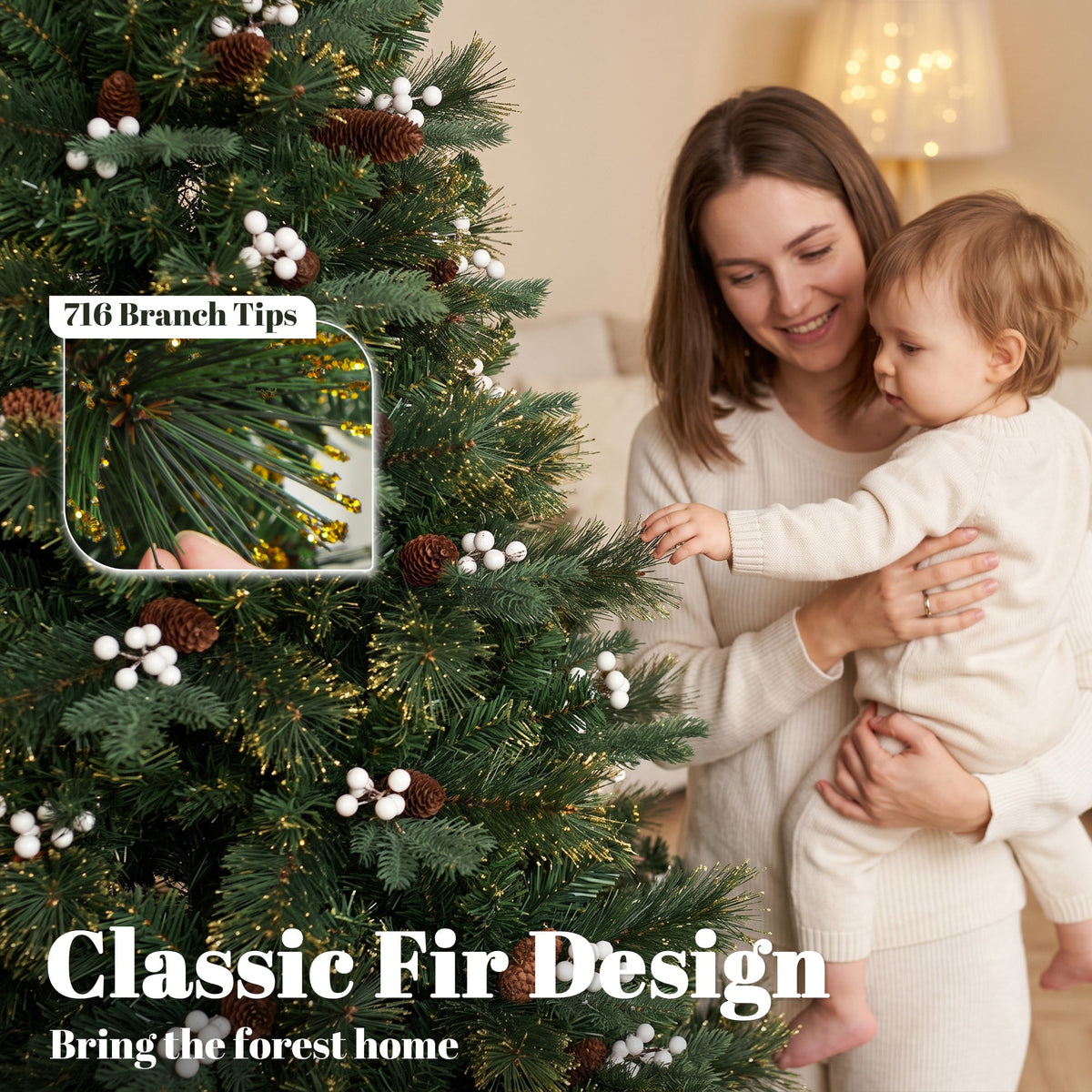 6ft/180cm Artificial Christmas Tree, Fir Hinged Xmas Tree with 716 Branch Tips, Foldable Metal Stand, Easy Assembly for Home Office Holiday Decoration, Green