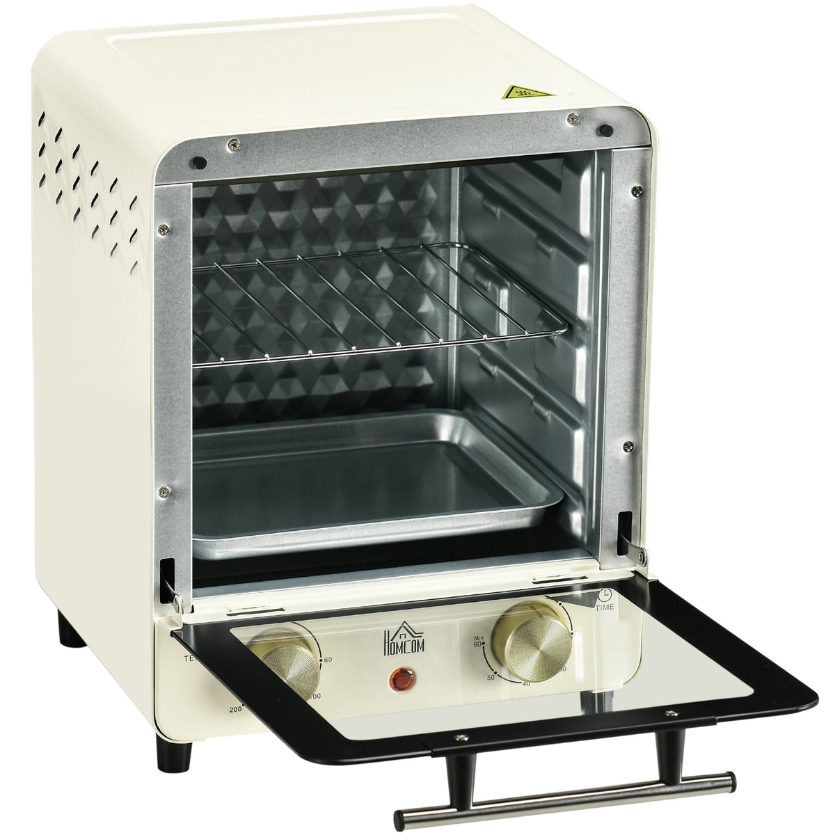 HOMCOM Mini Oven, 15 Litres Electric Oven and Grill with 60-230℃ Adjustable Temperature, 60 Minute Timer, Include Baking Tray, Wire Rack and Crumb Tray, 1000W, Cream White