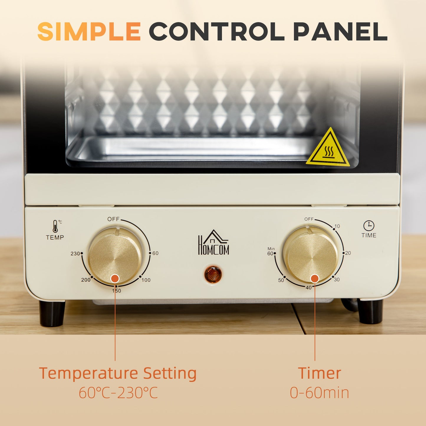 HOMCOM Mini Oven, 15 Litres Electric Oven and Grill with 60-230℃ Adjustable Temperature, 60 Minute Timer, Include Baking Tray, Wire Rack and Crumb Tray, 1000W, Cream White