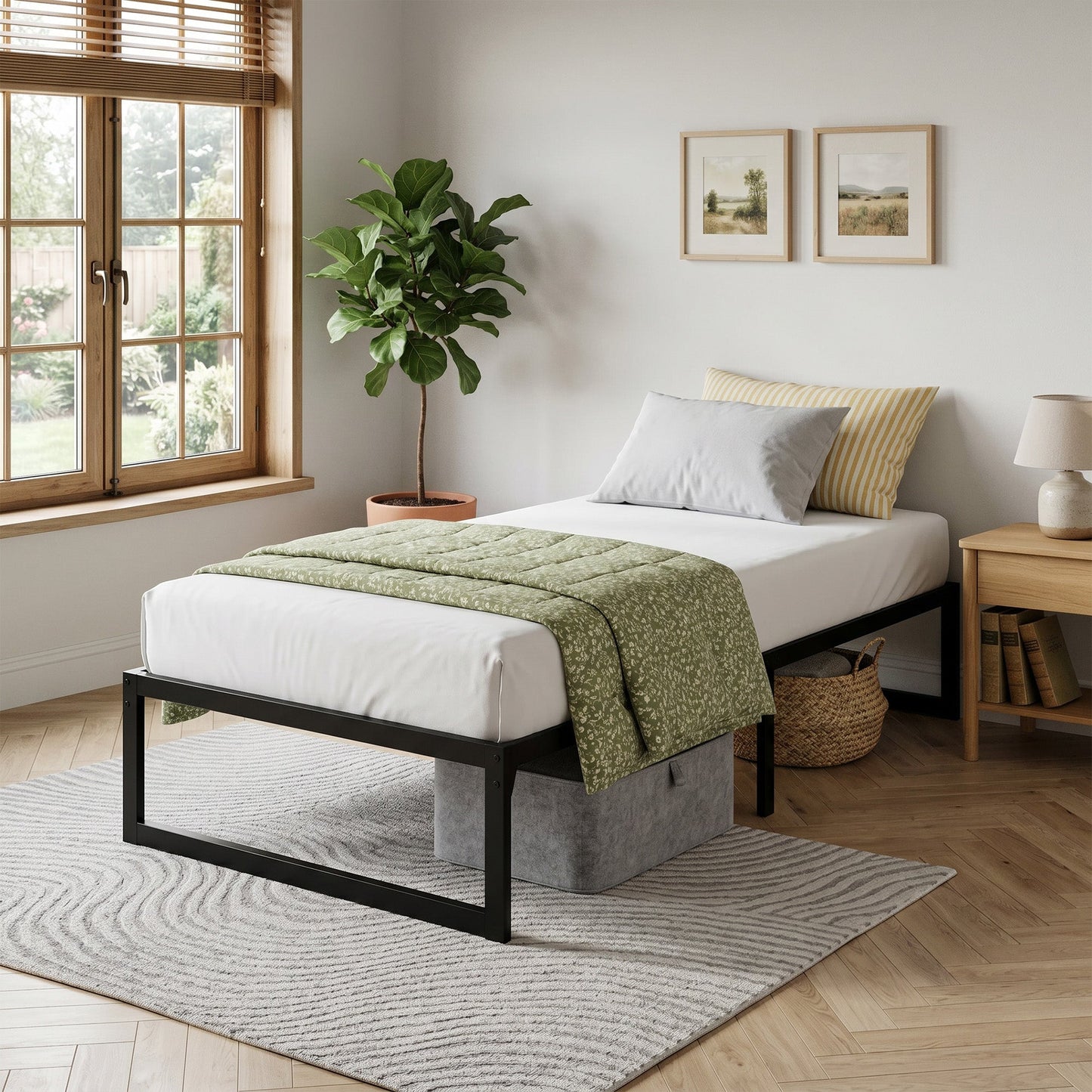 3ft Single Bed Frame with Underbed Storage, 32.5 cm Height, Metal Platform Bed Frame with Steel Slat Support, Noise-Free, Easy Assembly, Black