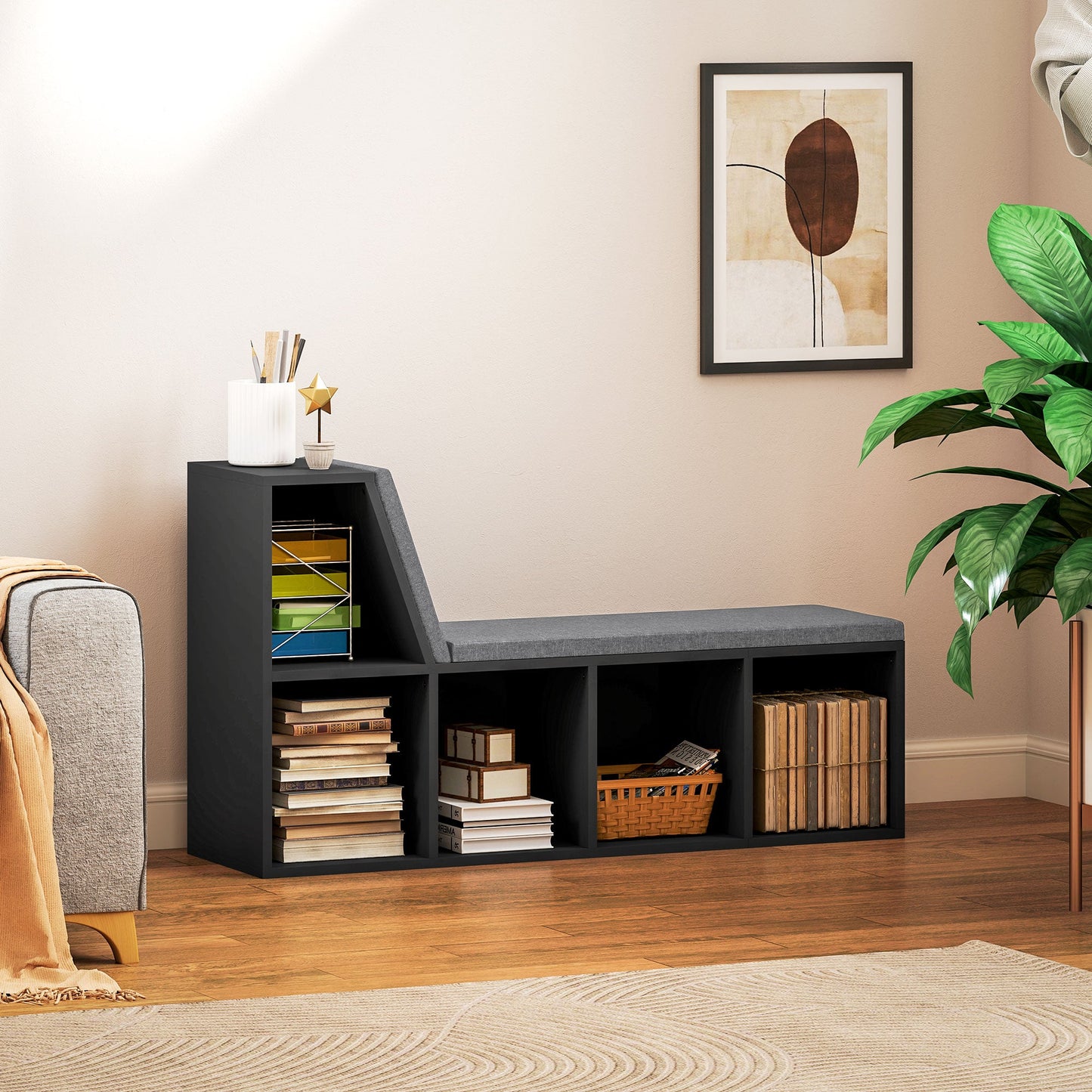 Bookcase Storage Shelf with Cushioned Reading Seat, Bookshelf Storage Cabinet for Study Living Room, Black