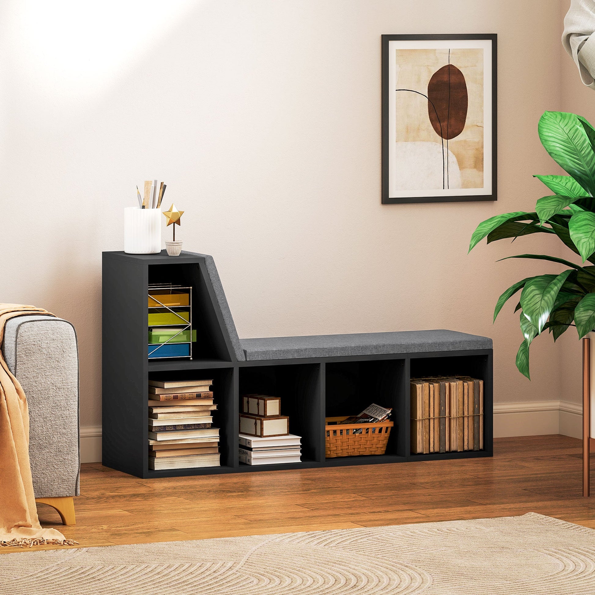 Bookcase Storage Shelf with Cushioned Reading Seat, Bookshelf Storage Cabinet for Study Living Room, Black