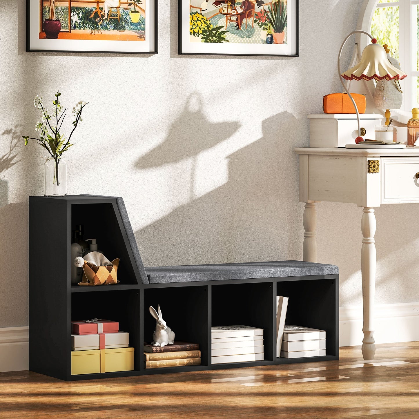 Bookcase Storage Shelf with Cushioned Reading Seat, Bookshelf Storage Cabinet for Study Living Room, Black