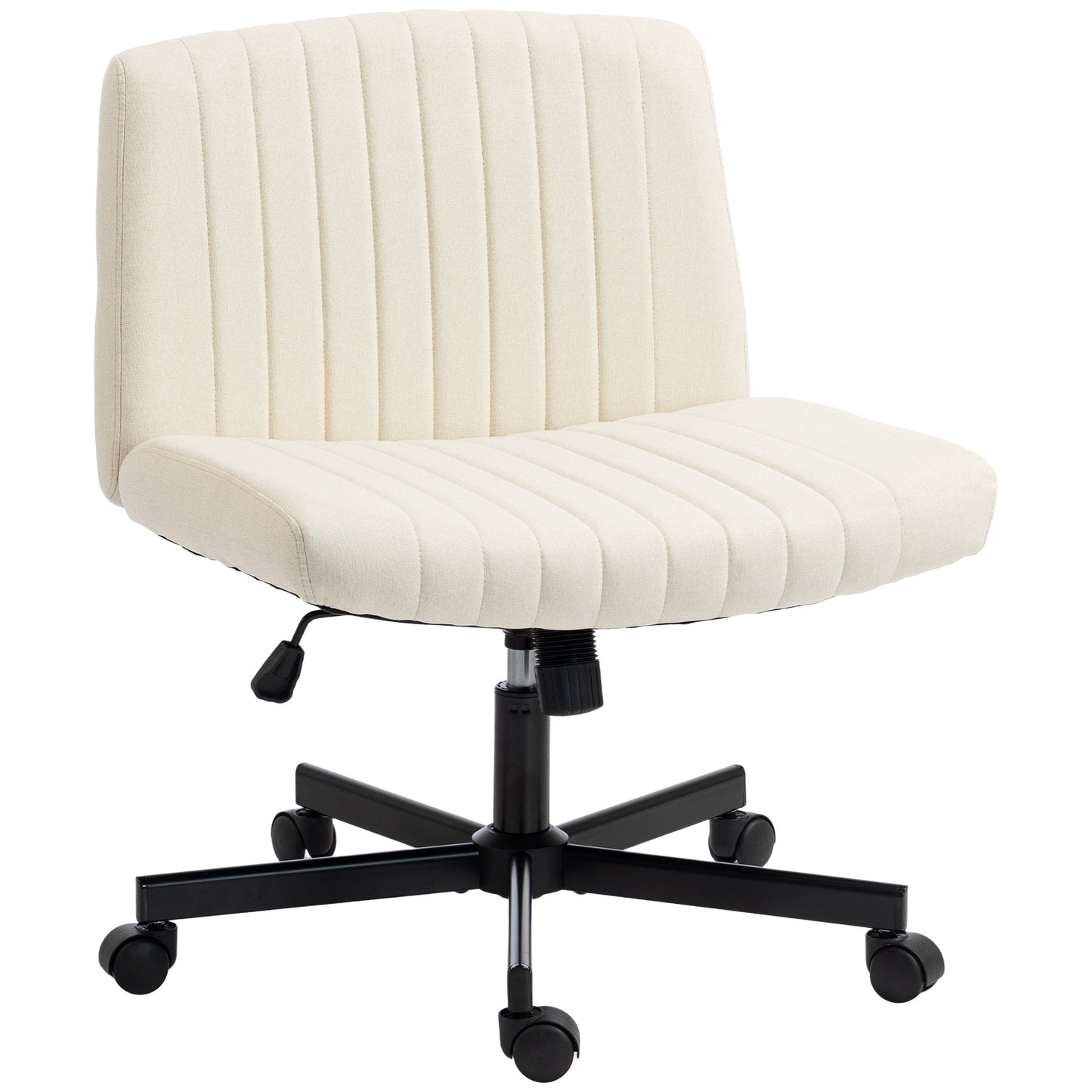 Armless Office Chair with Wheels, Imitation Linen Criss Cross Legged Desk Chair with Wide Seat, Thick Padding, Rock Function, Height Adjustable Swivel Computer Seat for Home, Cream
