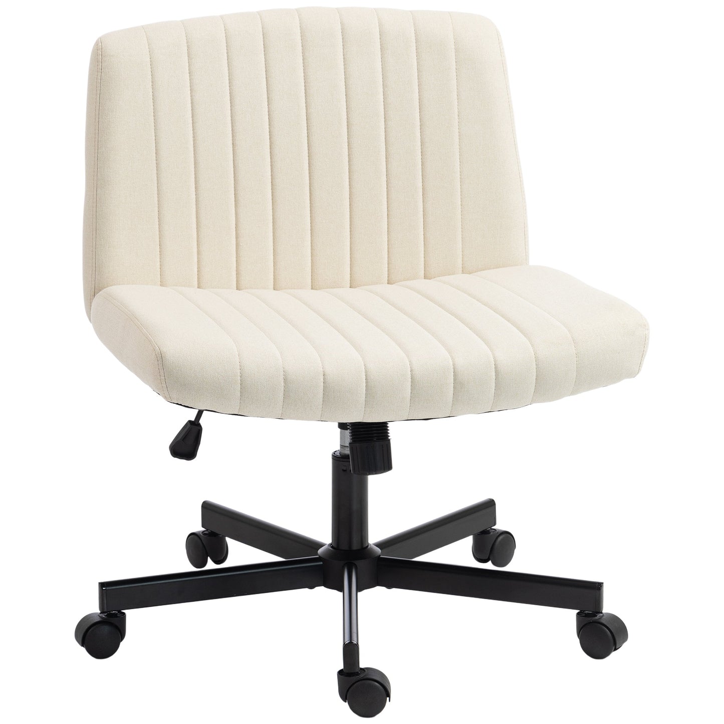 Armless Office Chair with Wheels, Imitation Linen Criss Cross Legged Desk Chair with Wide Seat, Thick Padding, Rock Function, Height Adjustable Swivel Computer Seat for Home, Cream
