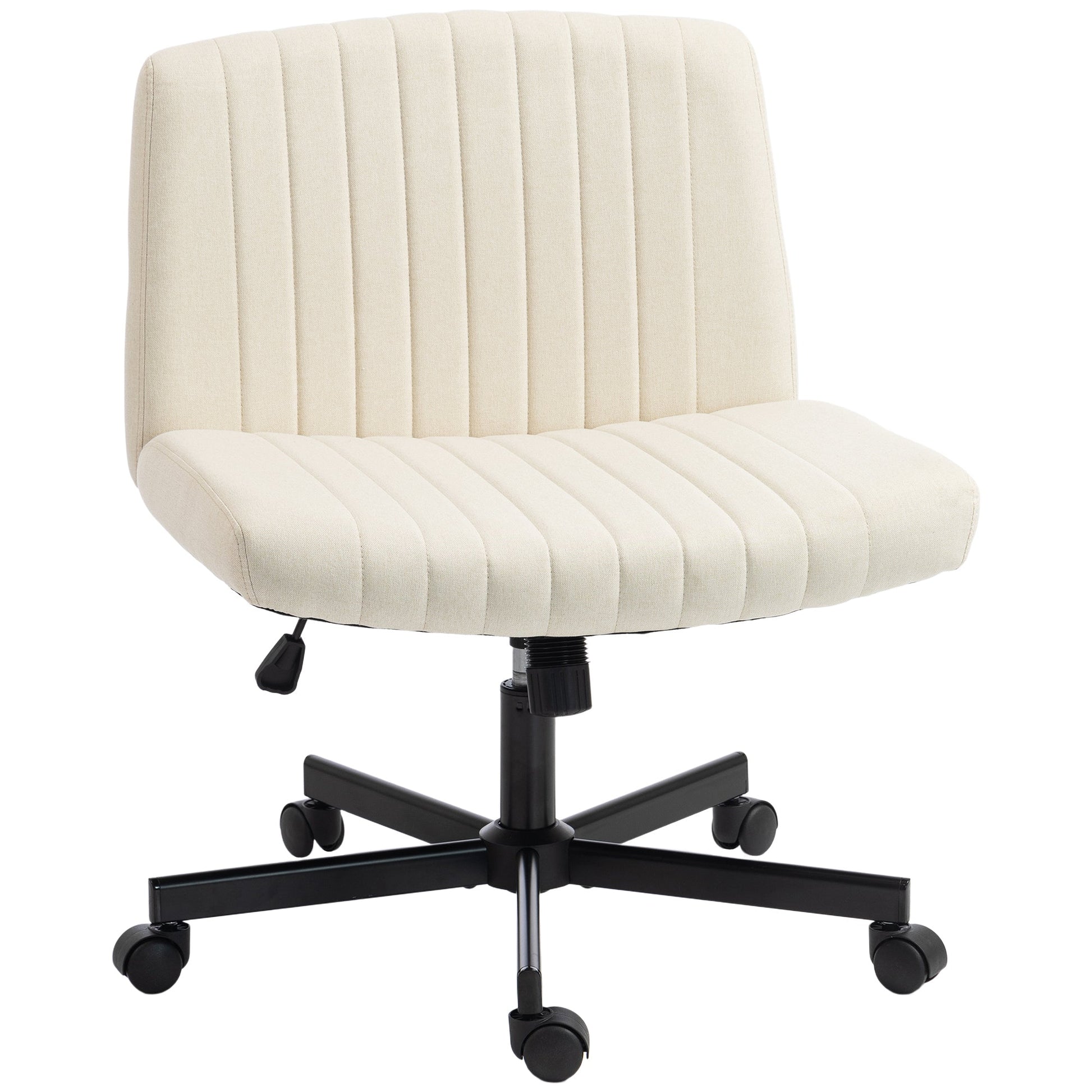 Armless Office Chair with Wheels, Imitation Linen Criss Cross Legged Desk Chair with Wide Seat, Thick Padding, Rock Function, Height Adjustable Swivel Computer Seat for Home, Cream