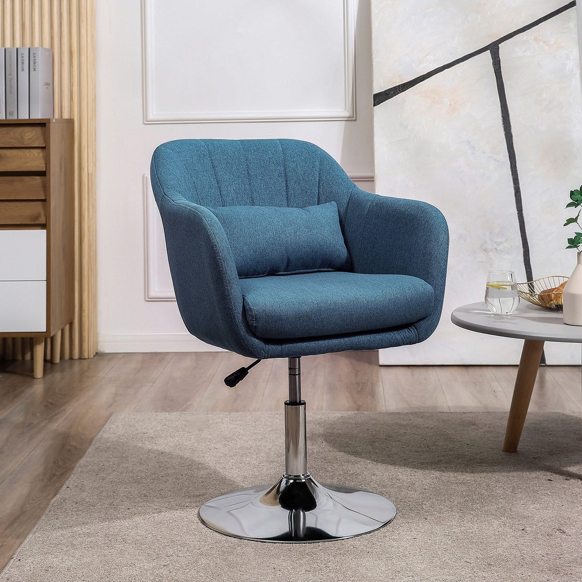 HOMCOM Swivel Linen Fabric Accent Chair for Living Room Contemporary Vanity Armchair with Adjustable Height Thick Cushion Lumbar Support Armrest for Bedroom Office Blue