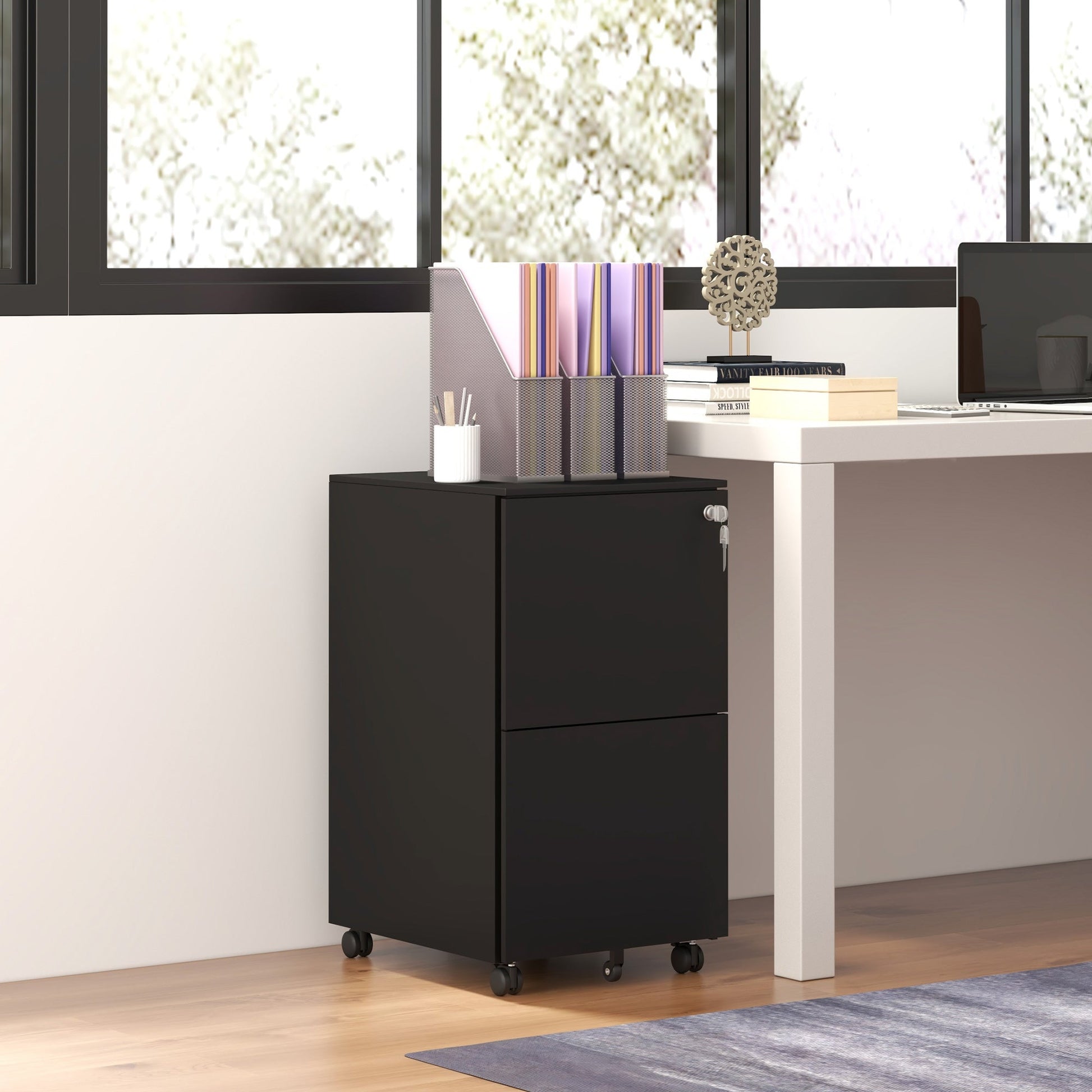 Vinsetto 2-Drawer Vertical Filing Cabinet with Lock and 5 Wheels, Steel Mobile File Cabinet, for A4, Legal and Letter Size, Pre-Assembled Body, Black