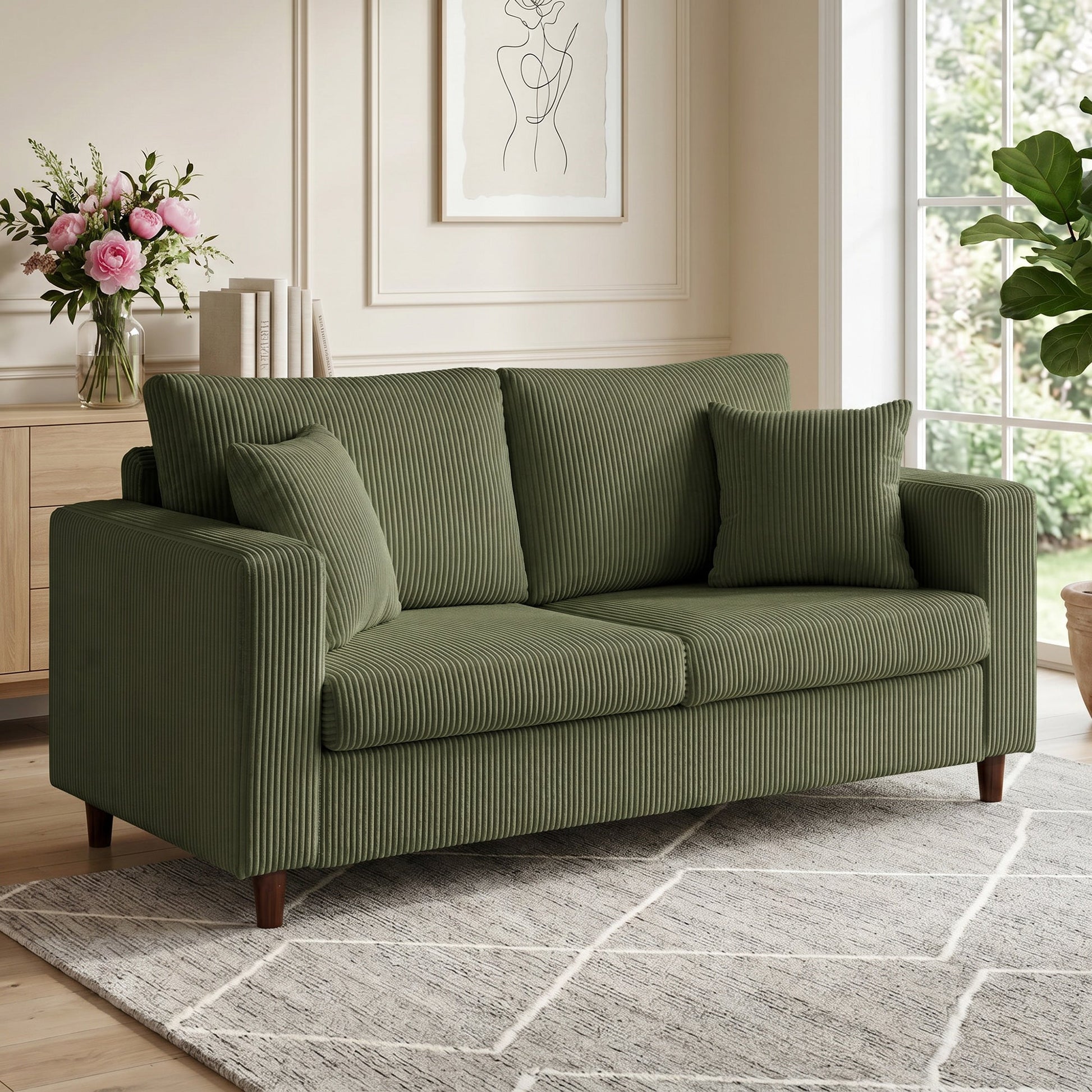 2 Seater Sofa, 170 cm Comfy Corduroy Couch with Wide Deep Seat, Wide Armrests, Spring Cushion, Thick Padded, Solid Wood Legs, Loveseat Sofa for Living Room, Green