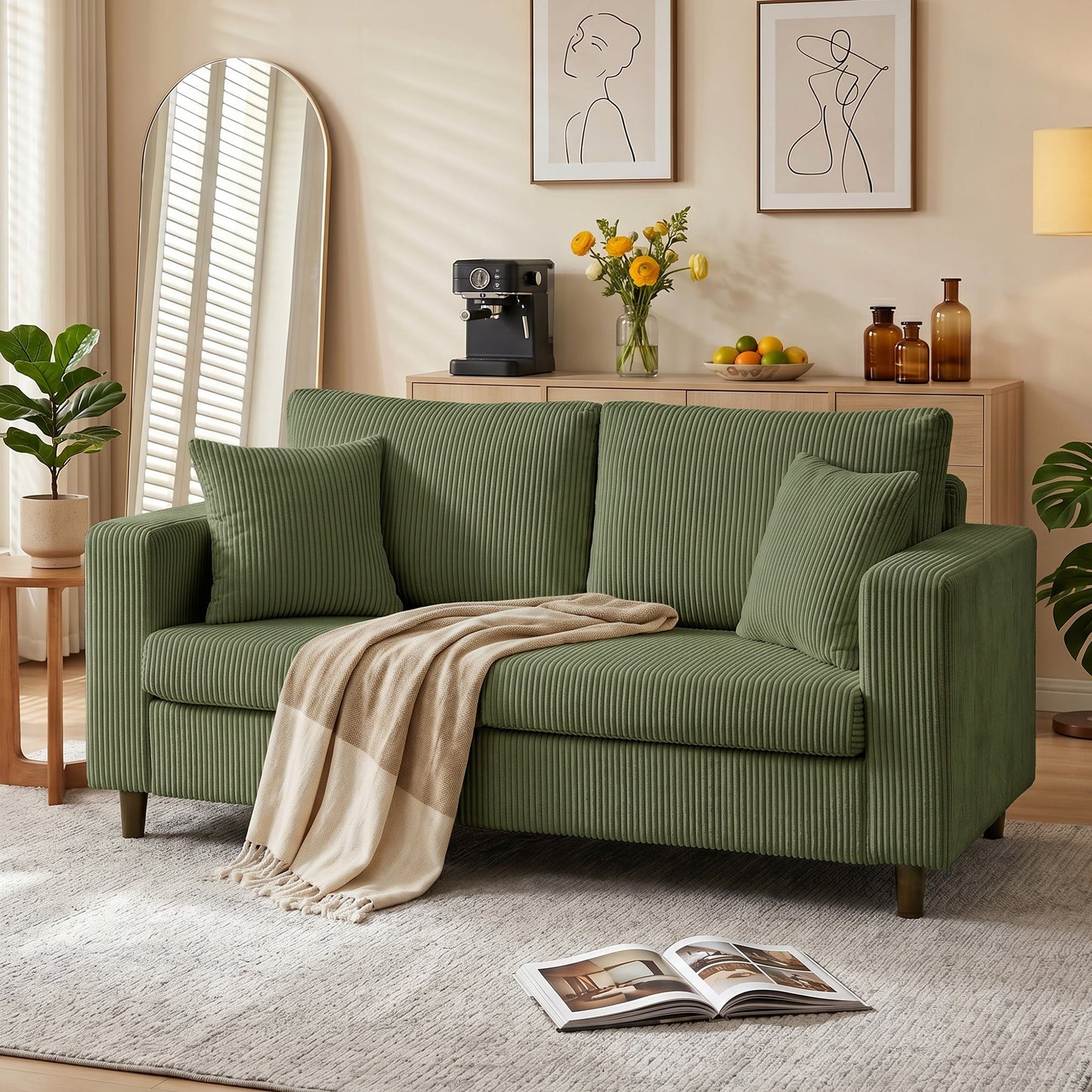 2 Seater Sofa, 170 cm Comfy Corduroy Couch with Wide Deep Seat, Wide Armrests, Spring Cushion, Thick Padded, Solid Wood Legs, Loveseat Sofa for Living Room, Green