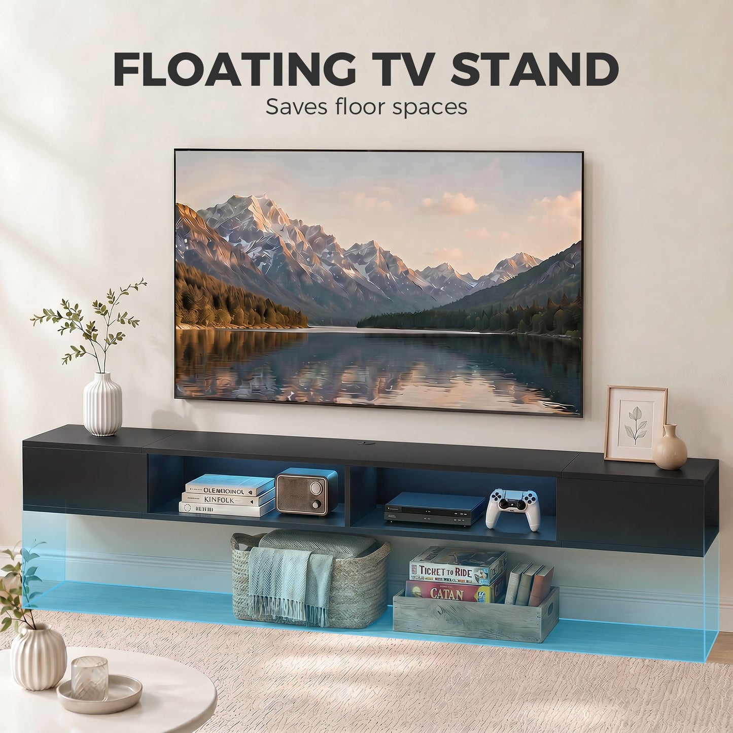 TV Stand for TVs up to 75 Inch, Modern Entertainment Center with RGB LED Lights, USB Powered, Wall-Mounted Media Console Table with 4 Open Storage Shelves for Living Room, Black