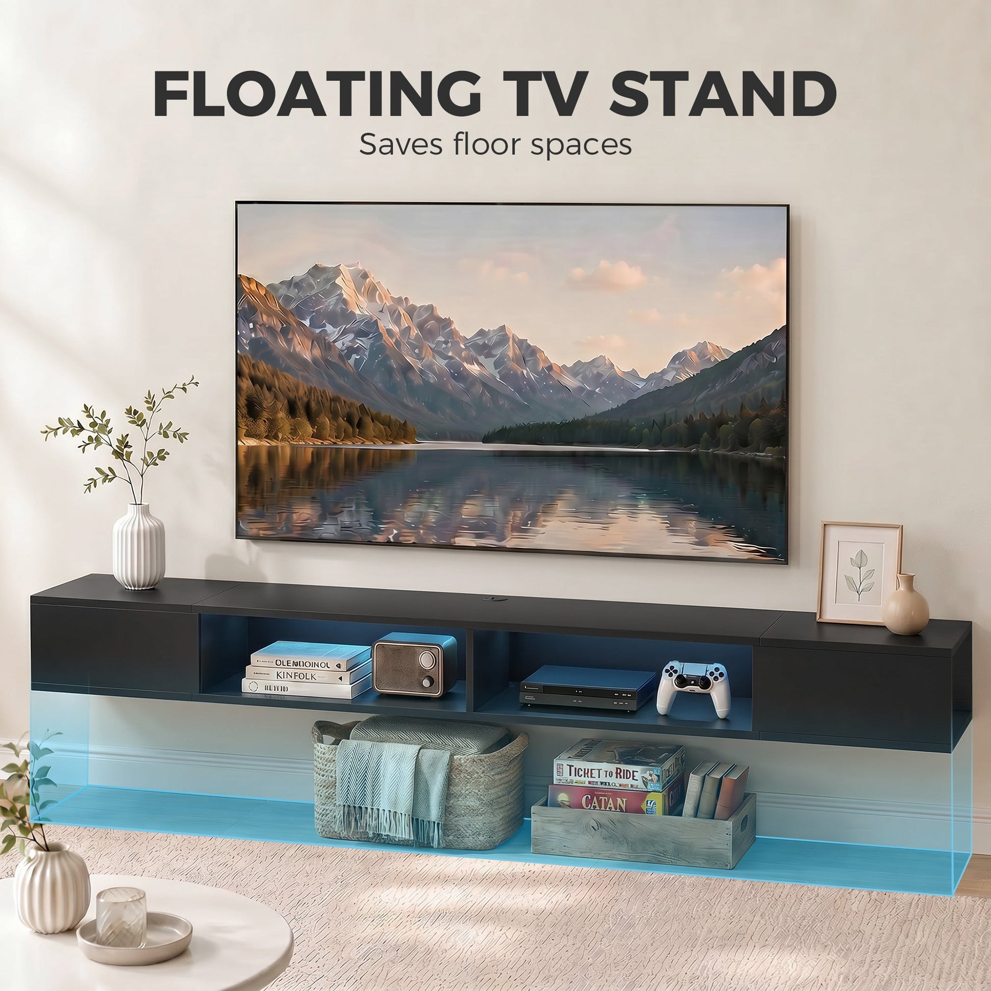 TV Stand for TVs up to 75 Inch, Modern Entertainment Center with RGB LED Lights, USB Powered, Wall-Mounted Media Console Table with 4 Open Storage Shelves for Living Room, Black