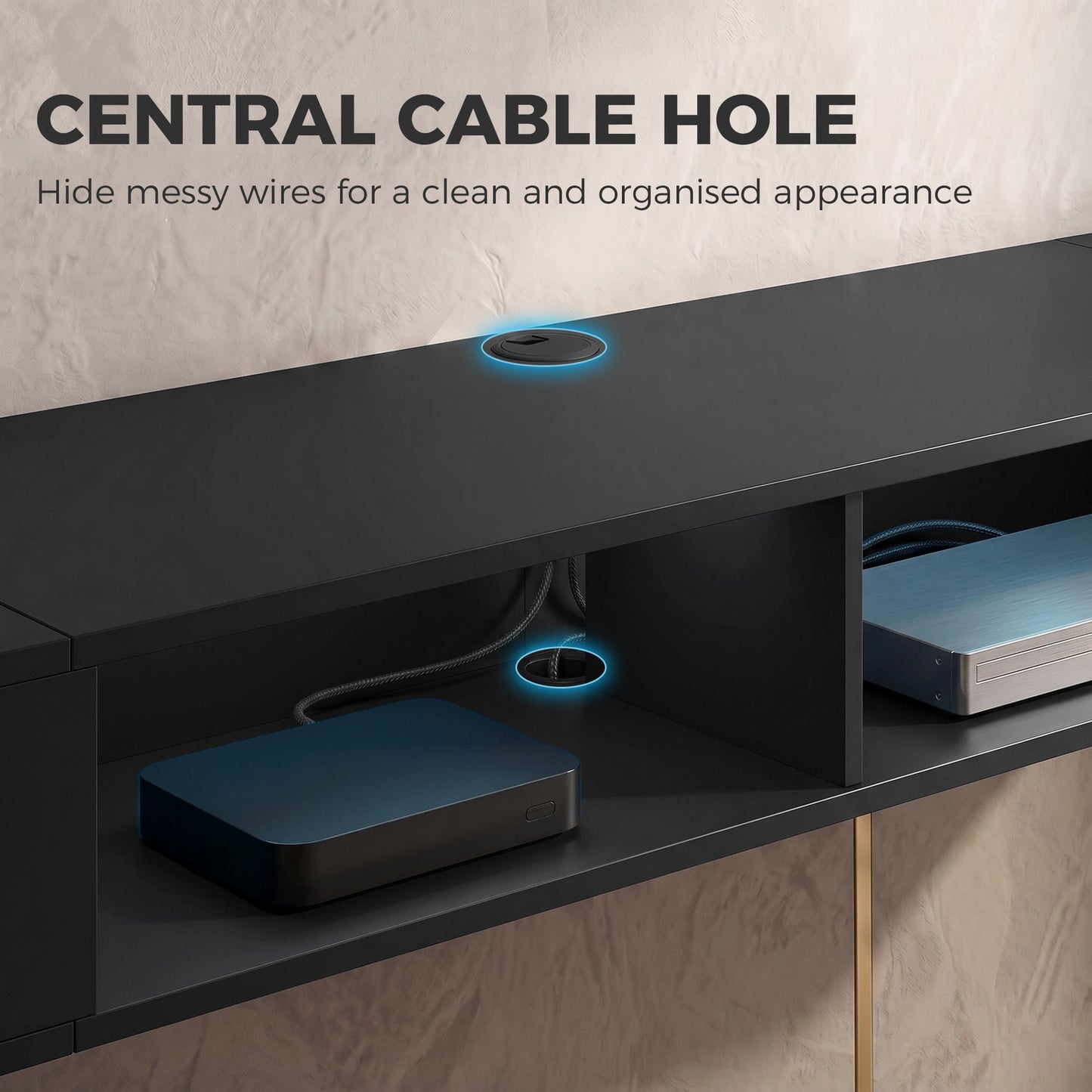 TV Stand for TVs up to 75 Inch, Modern Entertainment Center with RGB LED Lights, USB Powered, Wall-Mounted Media Console Table with 4 Open Storage Shelves for Living Room, Black